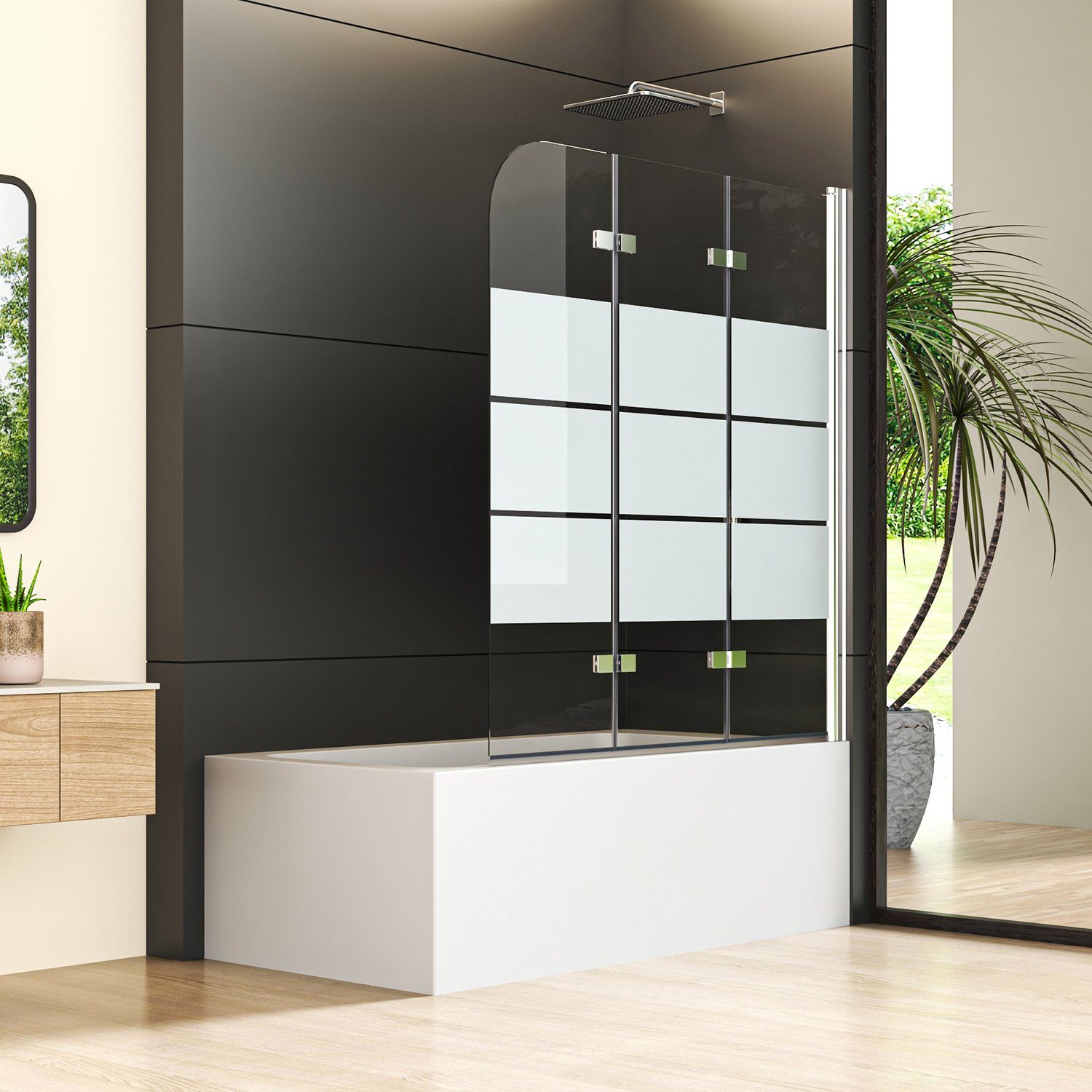 Boromal Badewannenaufsatz Badewannen Duschwände 3 teilig 130cm Faltbar Badewannenfaltwand Glas, (Klarglas /Teilsatiniert glas), Badewannenfaltwand Glaswand 6mm ESG Glas