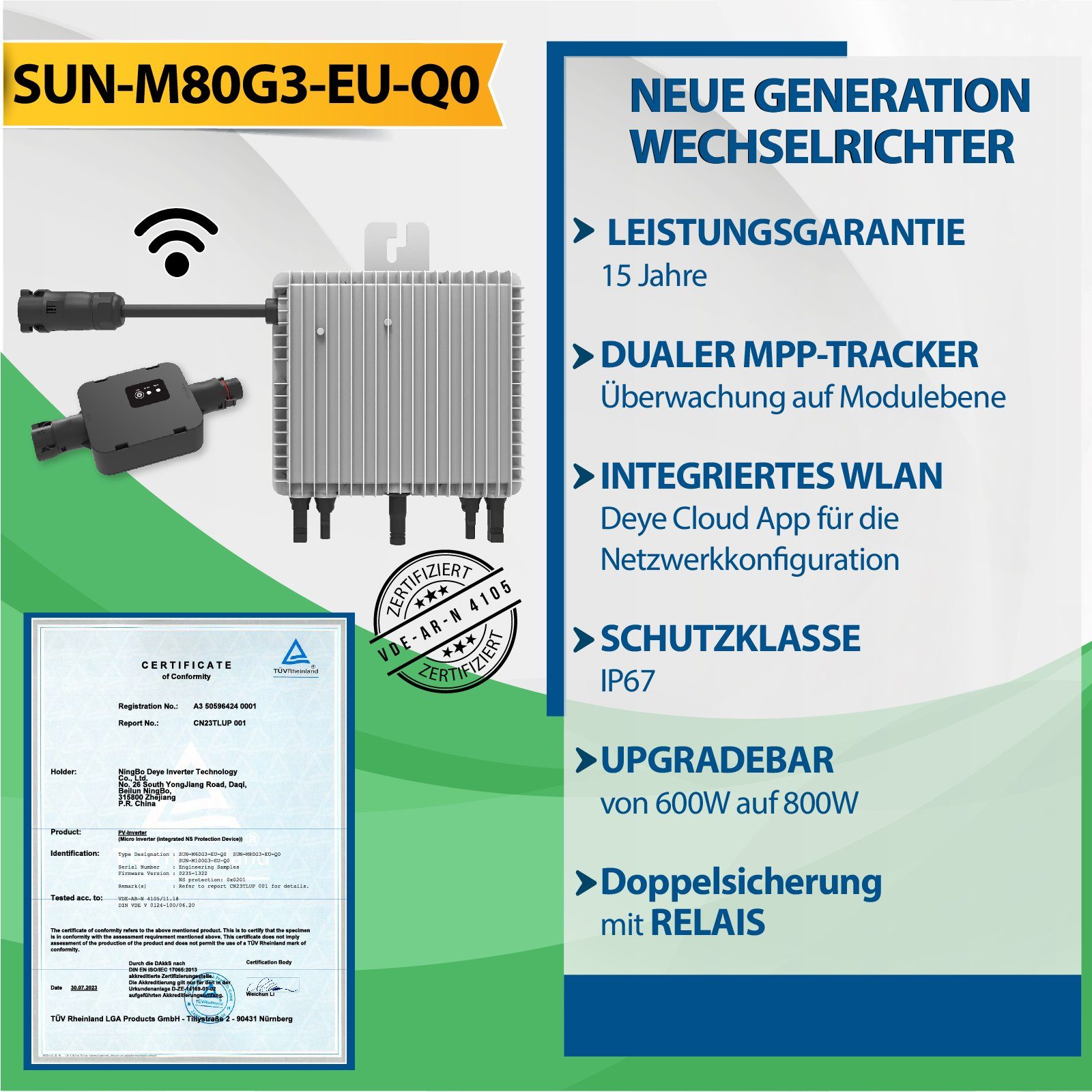 Campergold Solaranlage 1000W (2x500W) Photovoltaik Balkonkraftwerk Mini-PV Anlage, 800W DEYE WLAN upgradefähiger Wechselrichter mit Relais, Antireflexbeschichtung, Wasserdichtigkeitsklasse, Monokristallin, Balkon-Solaranlage steckerfertig für Ihr Hau