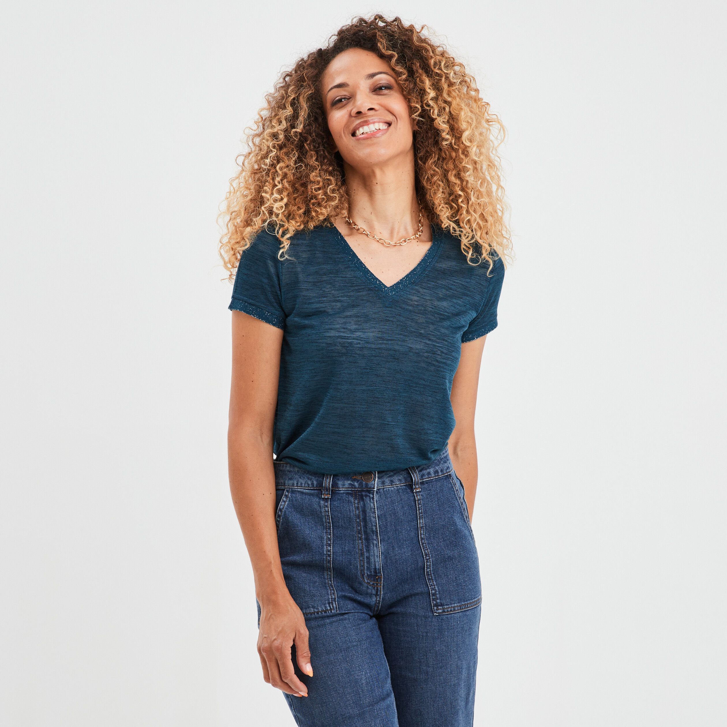 T-shirt bandes métallisées Liberto bleu canard femme | La Halle