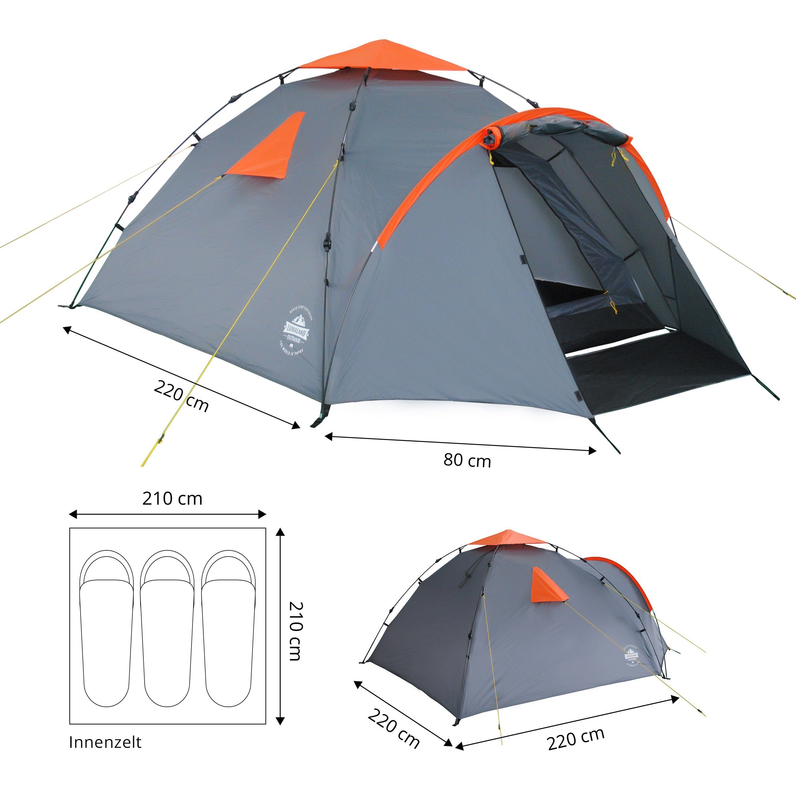 Lumaland Wurfzelt Pop Up Familienzelt Quick Up Aufbau in weniger als 2 Minuten, Personen: 3, wasserdicht Camping 220x220x130