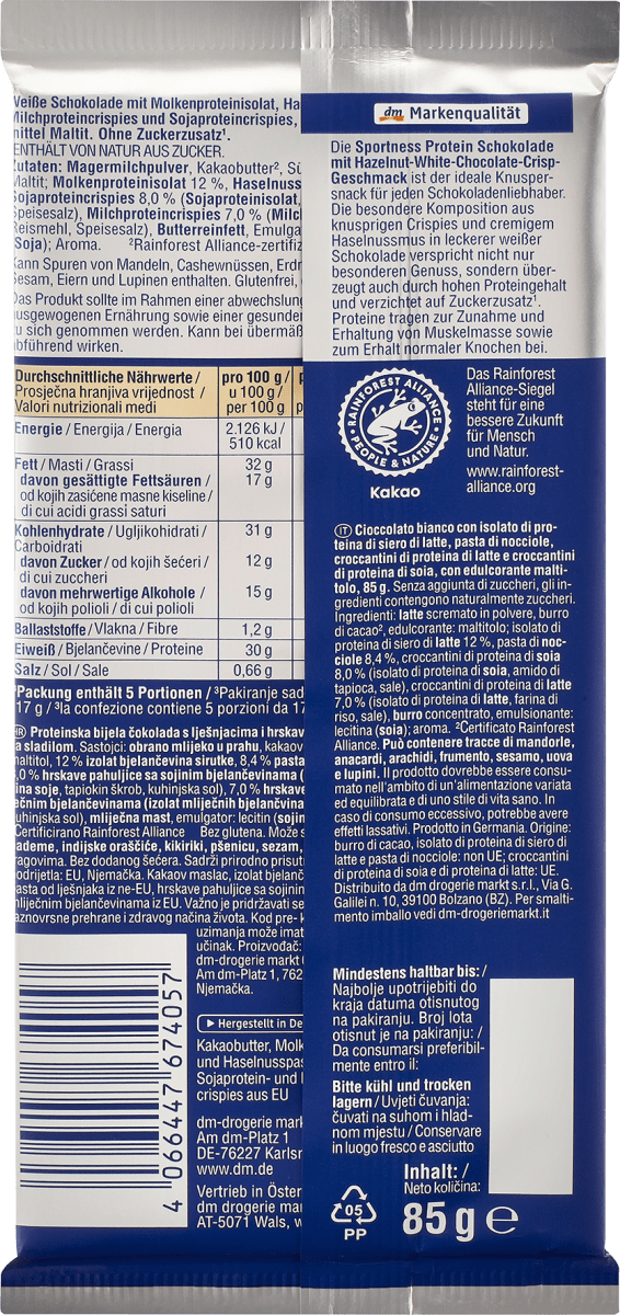 Protein Schokolade, Hazelnut White Chocolate Crisp Geschmack, 85 g