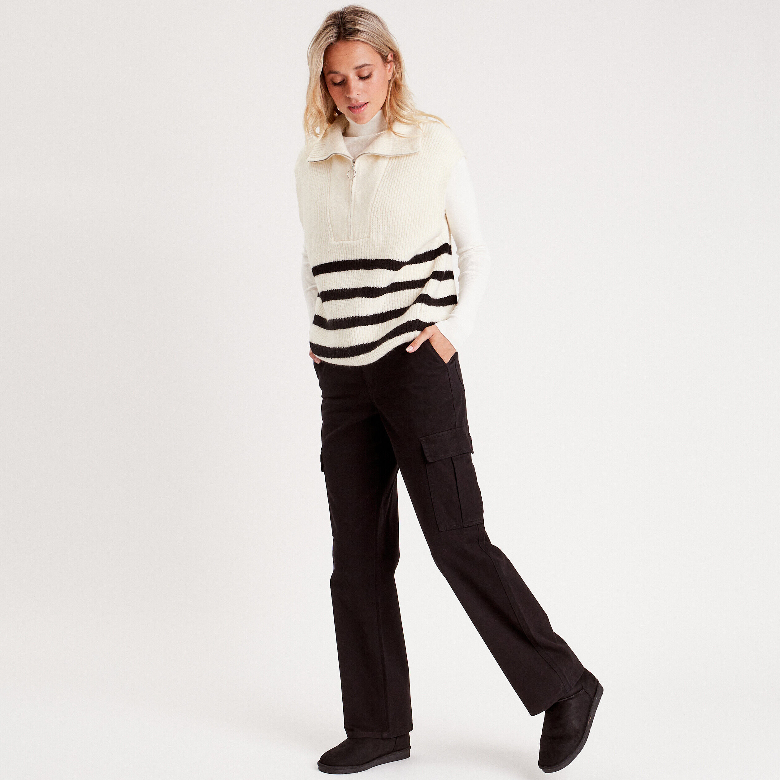 Pull côtelé col roulé ecru femme | Cache Cache
