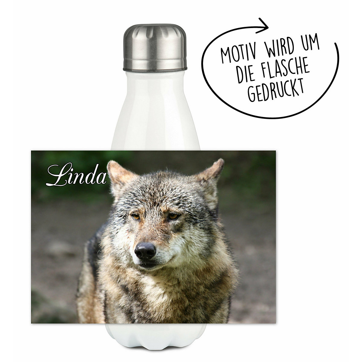 Edelstahl Kinder Thermoflasche / Trinkflasche bunt Wolf Spülmaschinenfest, Auslaufsicher, Bruchfest, Doppelwandig, Für Heißgetränke geeignet, Mit Deckel, Isoliert