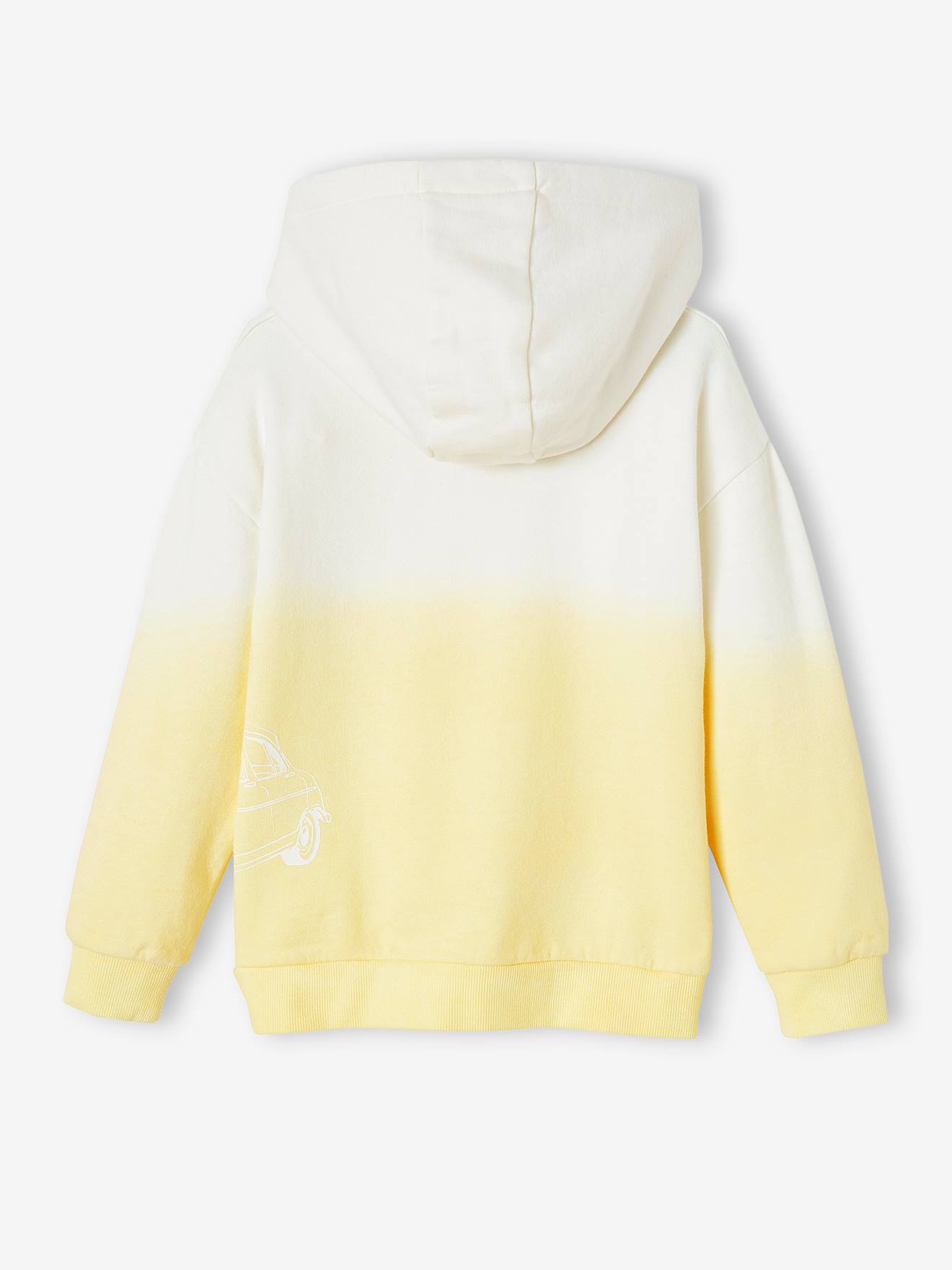 Sweat à capuche motif voiture garçon effet deep dye jaune pastel
