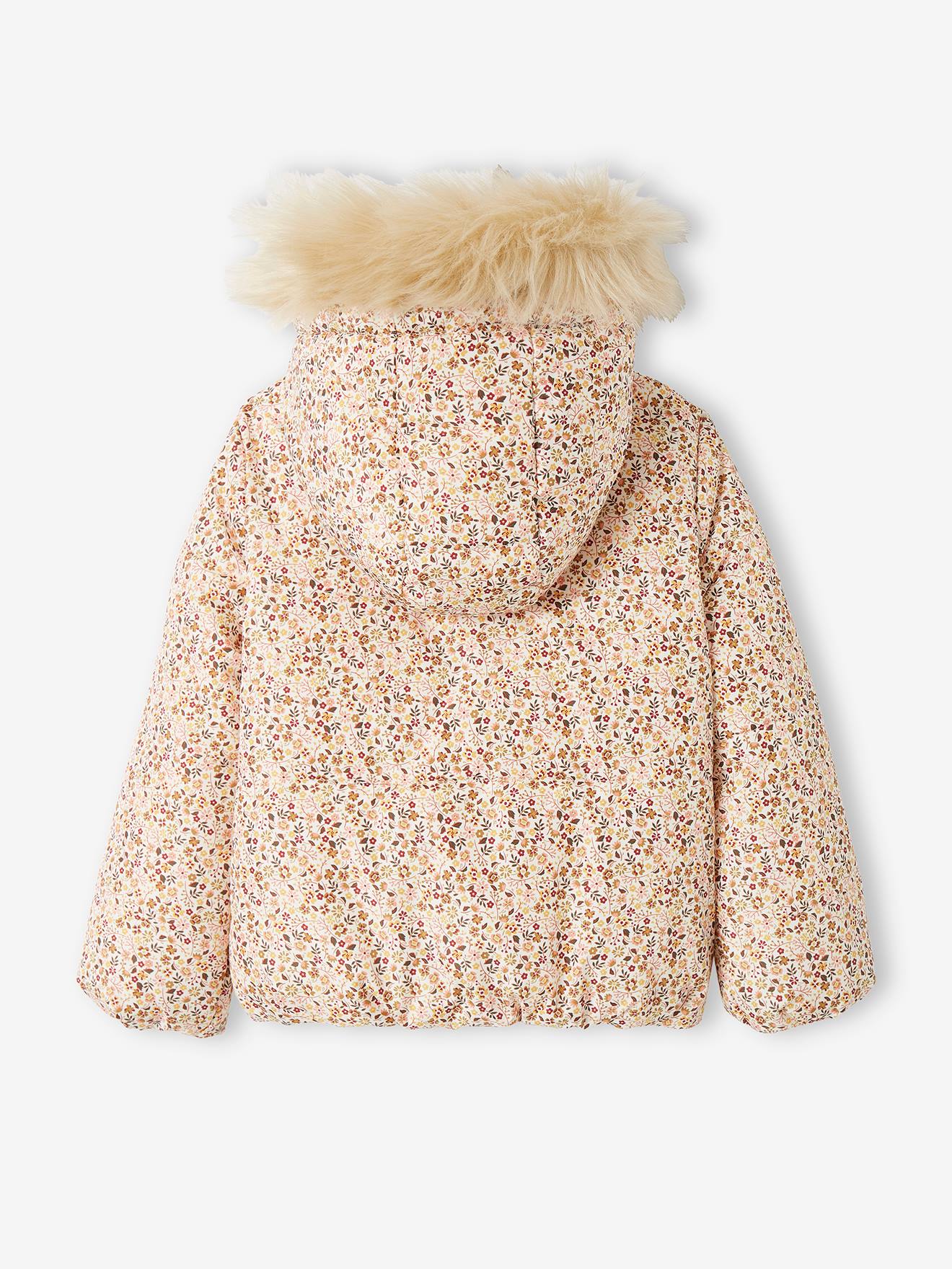 Doudoune courte à capuche imprimée fleurs fille lilas clair