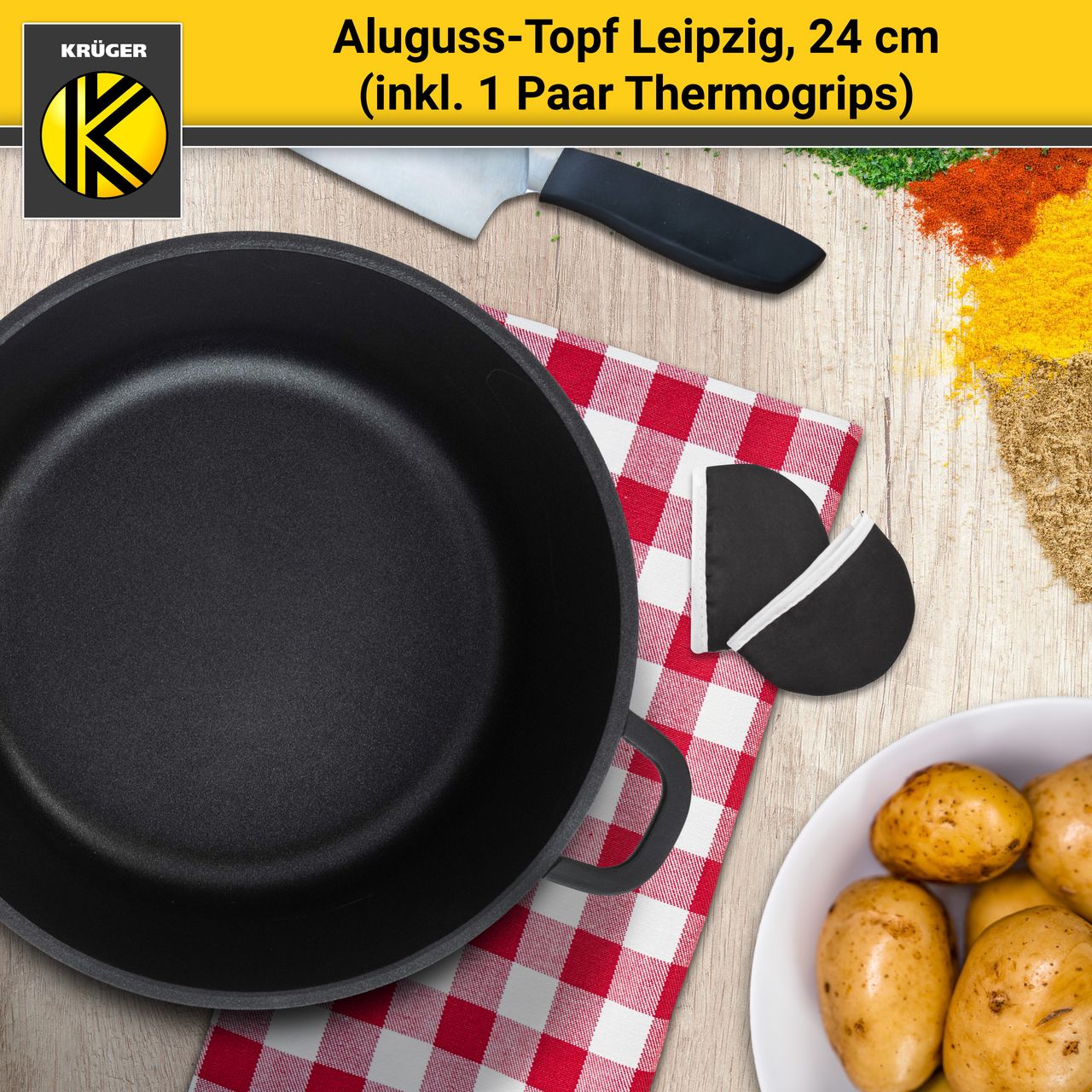 Karl Krüger Aluguss Fleischtopf LEIPZIG mit Deckel, 24 cm