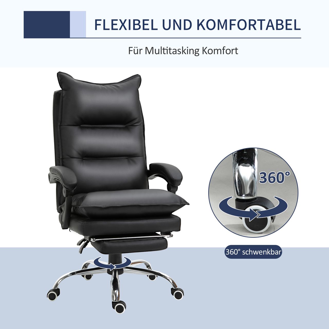 Vinsetto Bürostuhl mit Fußstütze höhenverstellbarer Schreibtischstuhl Drehstuhl Rückenlehne Kunstleder Schwarz 66 x 72 x 122-130 cm