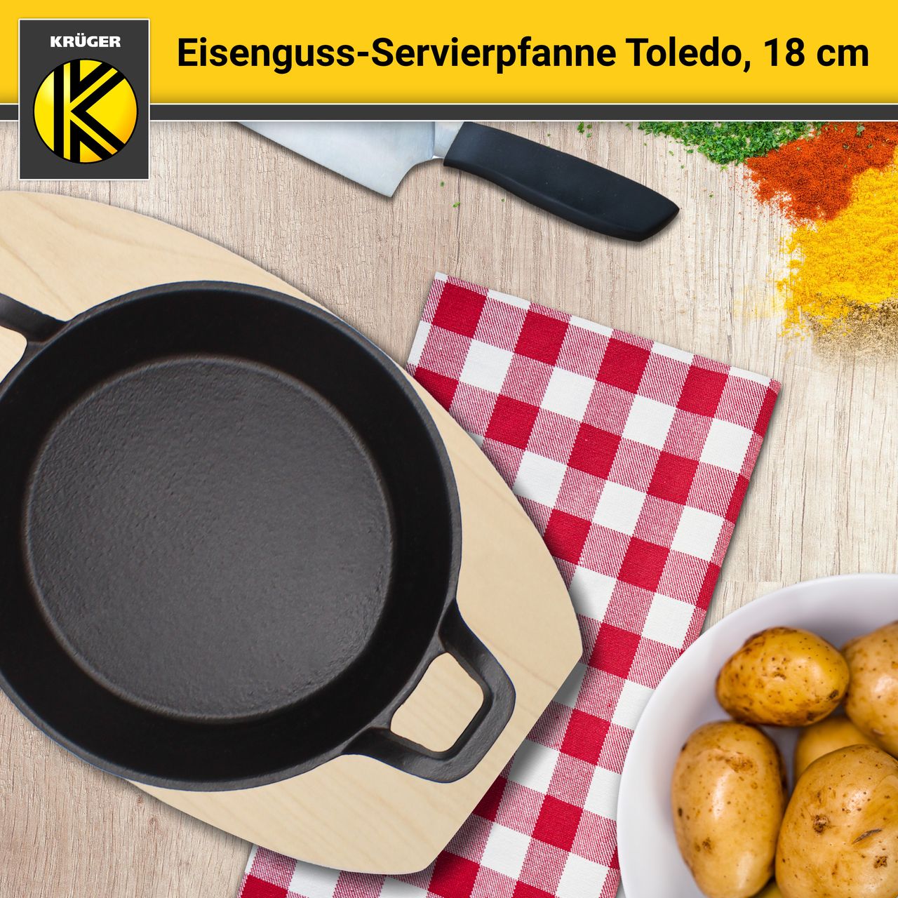Karl Krüger Eisenguss Servierpfanne TOLEDO mit Holzteller, 18 cm