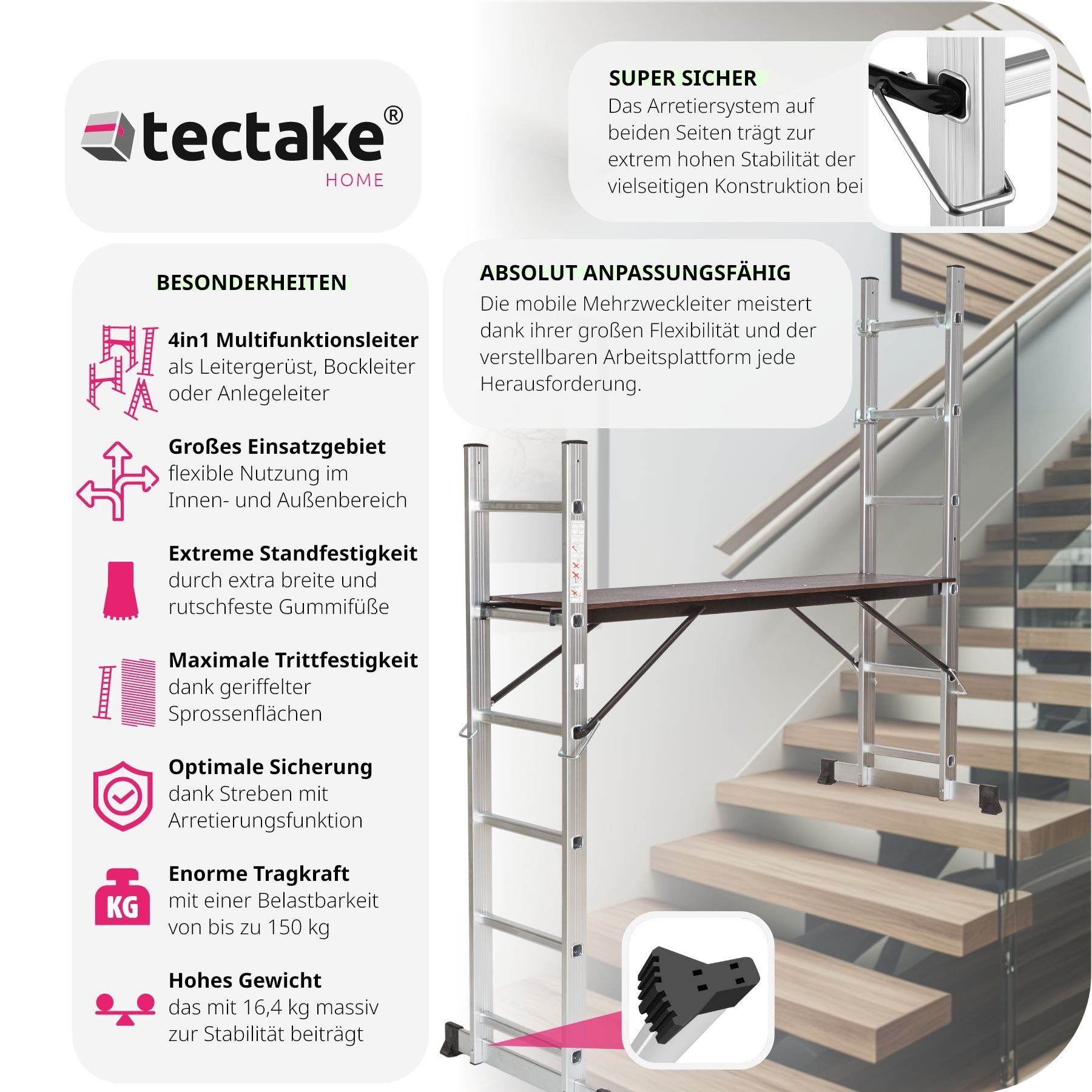 tectake Teleskopleiter Mehrzweckleiter Leitergerüst, faltbar