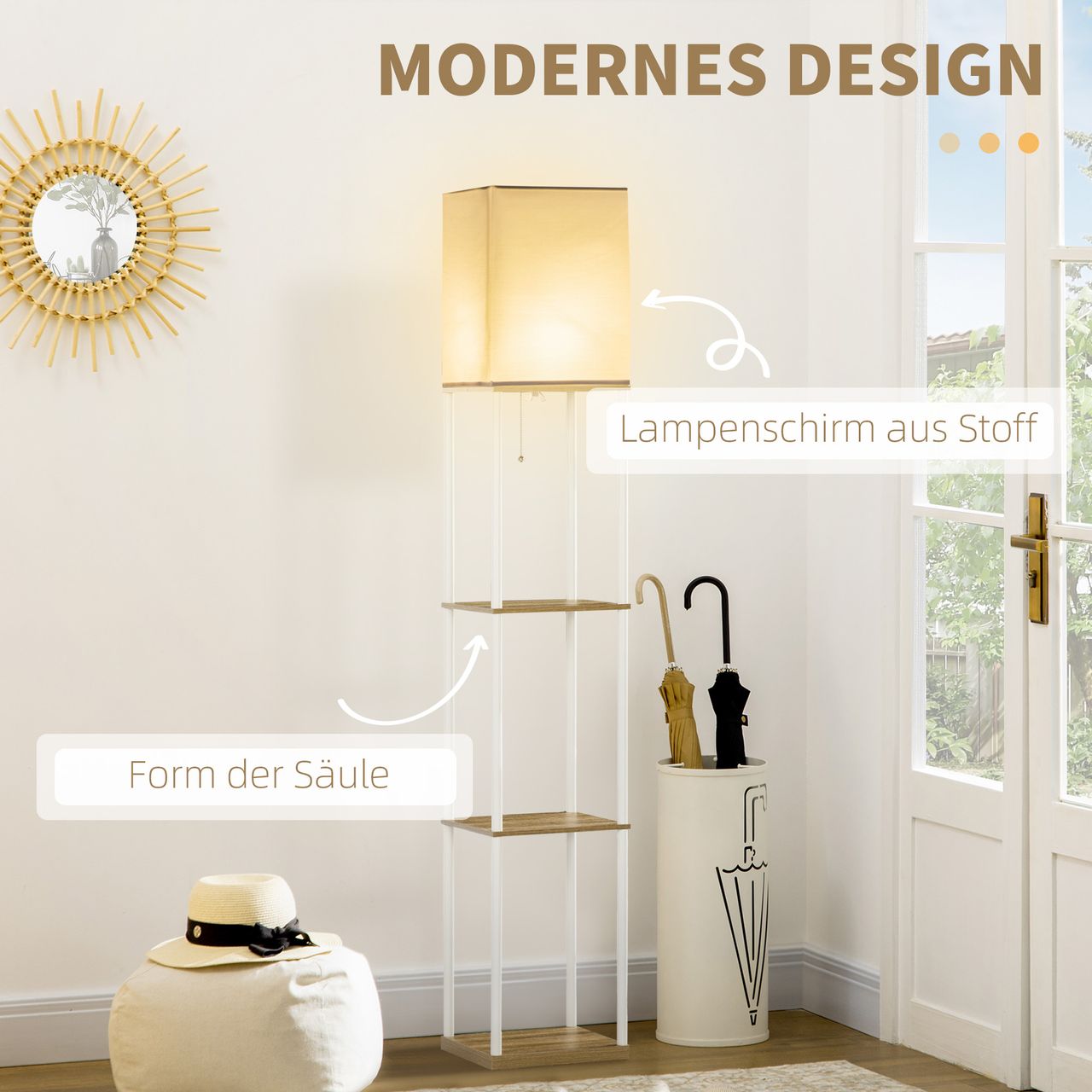 HOMCOM HOMCOM Stehlampe, Stehleuchte mit 3 Fächern, E27 Sockel, Weiß, exkl. Glühbirne