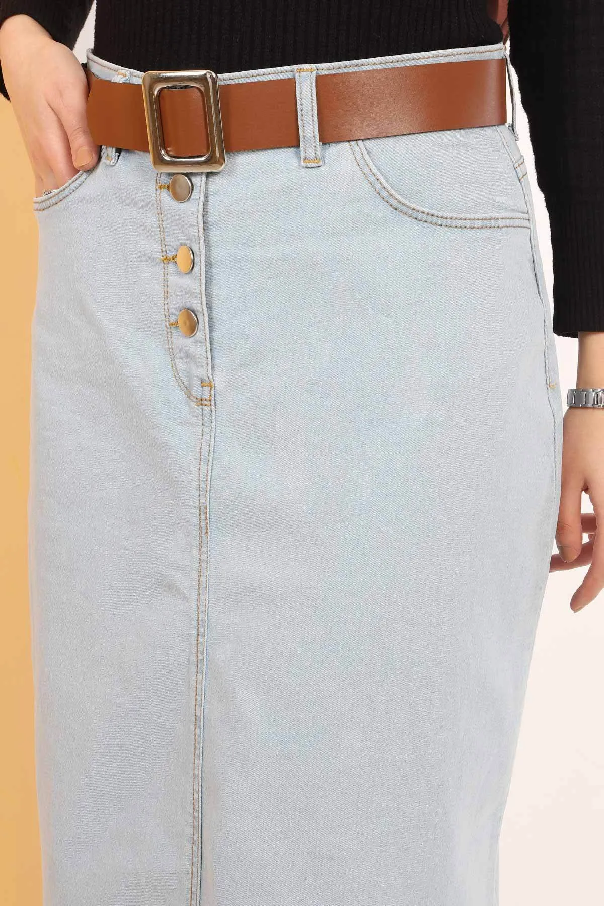 Tesettür Dünyası  Jeansrock mit Gürtel TSD231015 Hellblau