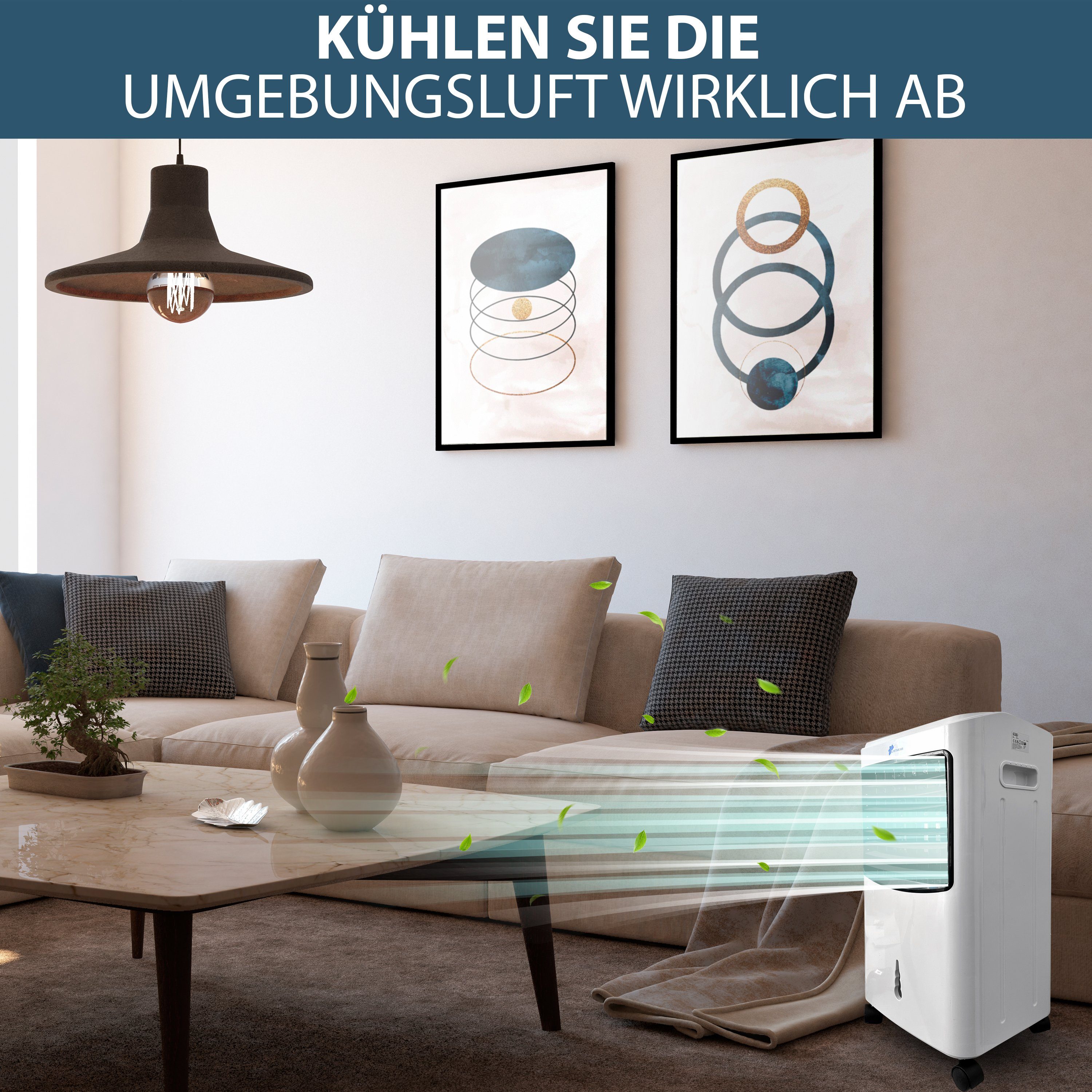 JUNG Ventilatorkombigerät DAY mobiles Klimagerät ohne Abluftschlauch, Wasserkühlung, Fernbedie, Aircooler, Timer Aircondition 60W Luftkühler leise Ventilator Kühler