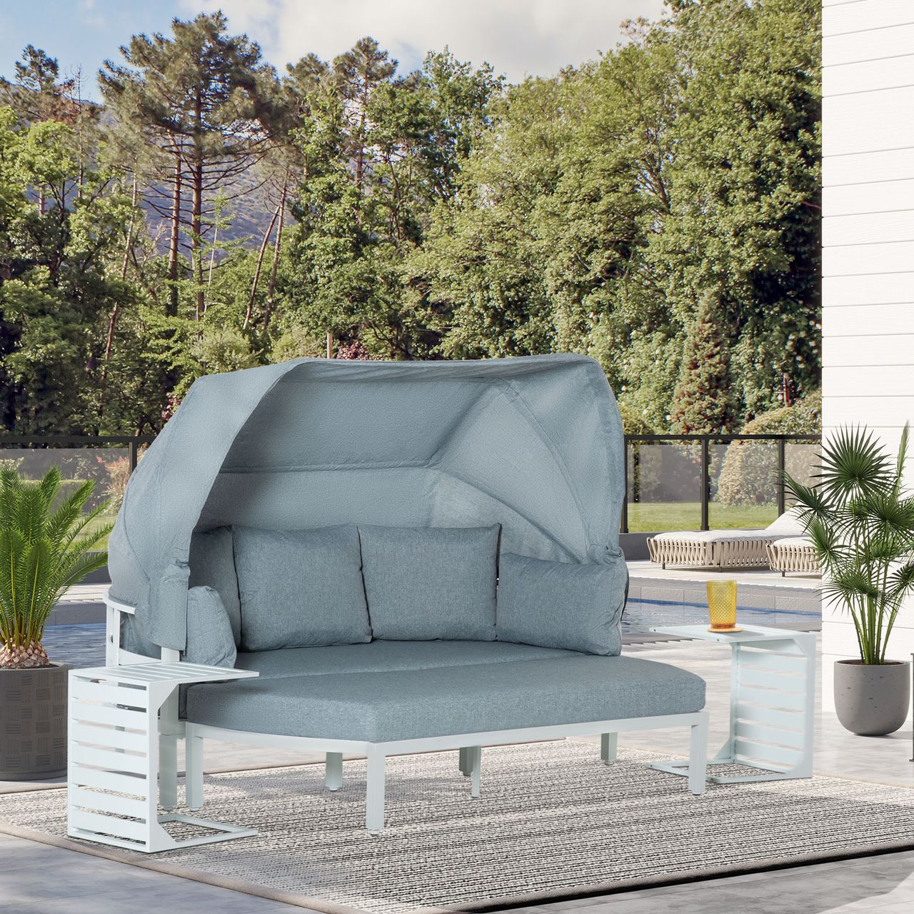 Outsunny 4-teiliges Gartenmöbel-Set mit Beistelltisch Dach Bank Balkonmöbel Set Sofa mit Kissen Outdoor Aluminium Weiß Grau