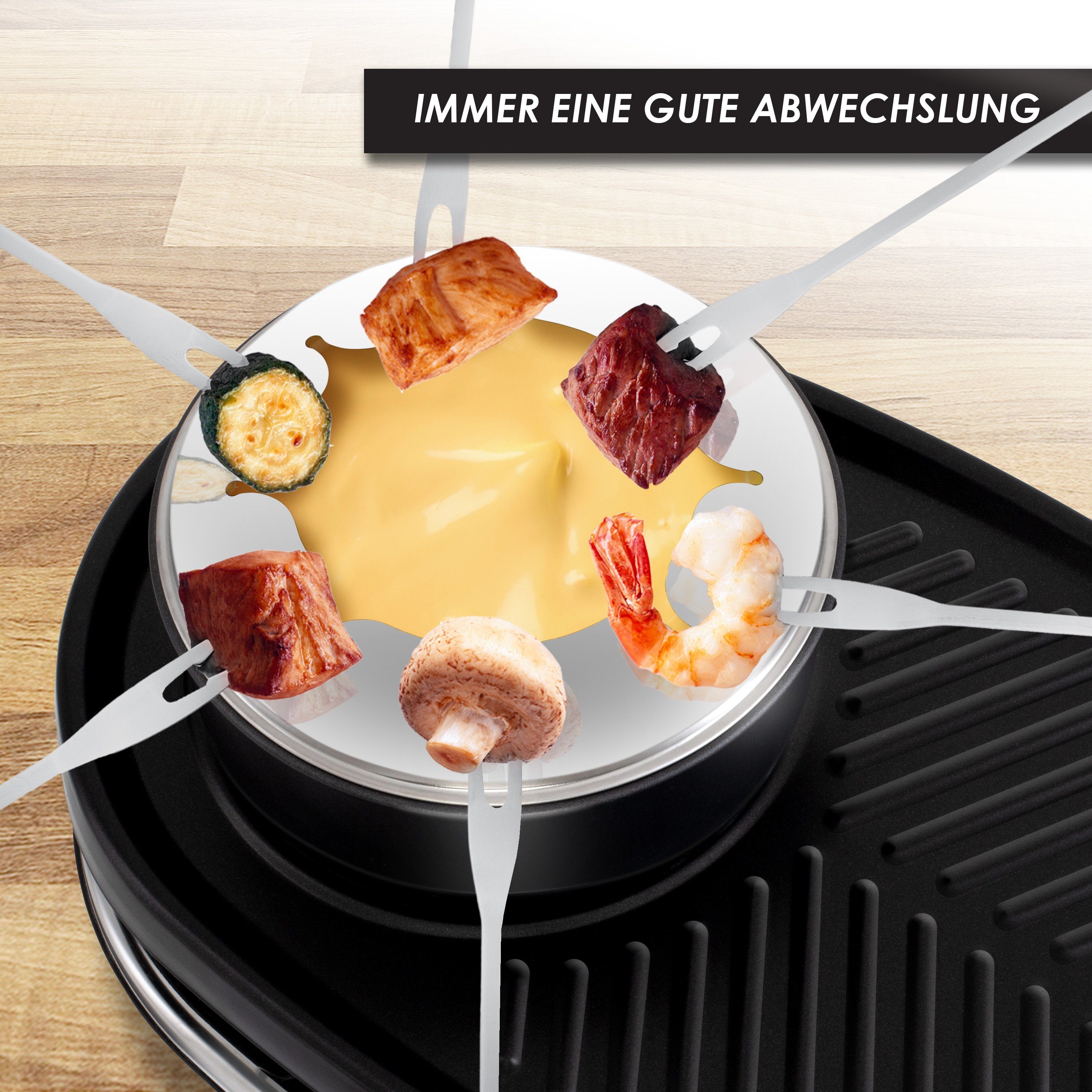 KESSER Raclette, 8 Raclettepfännchen, 1500 W, 3in1 Raclette-Grill mit Naturgrillstein, Grillplatte u. Fondue