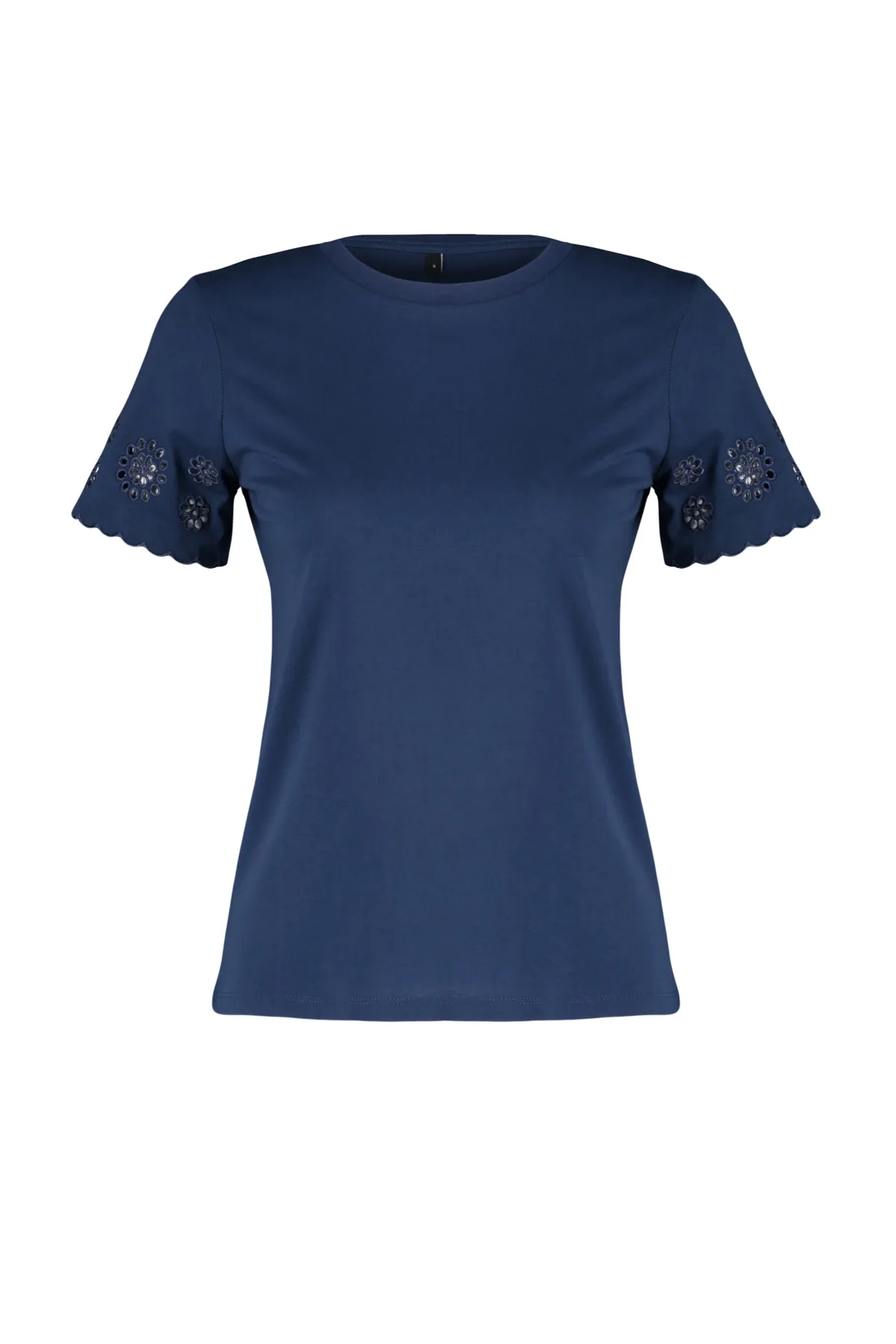 Trendyol Collection  Marineblaues Strick-T-Shirt mit Stickerei und detailliertem Normal-/Grundmuster TWOSS24TS00068