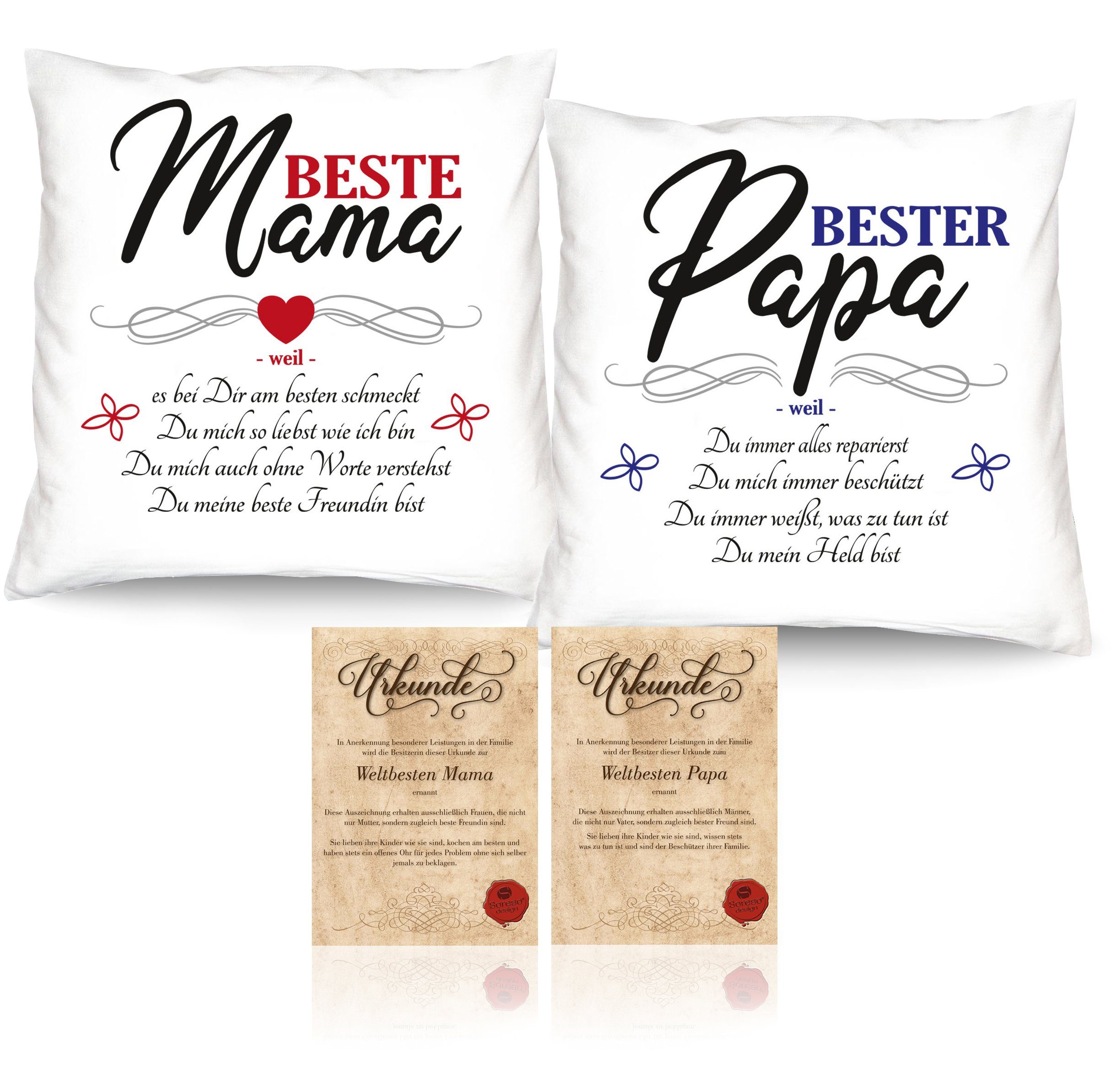Soreso® Dekokissen Geschenk Set Mama Papa Weihnachten 2 Kissen Eltern Weihnachtsgeschenk, Geschenk-Set