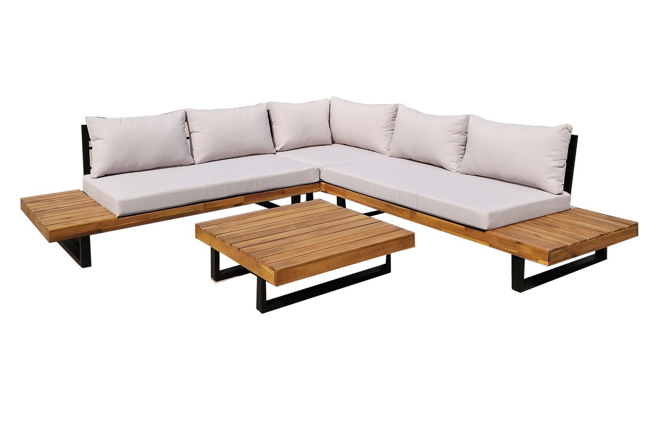 HC Garten & Freizeit Aluminium Ecklounge 4tlg. mit Tisch, Akazienholz - anthrazit