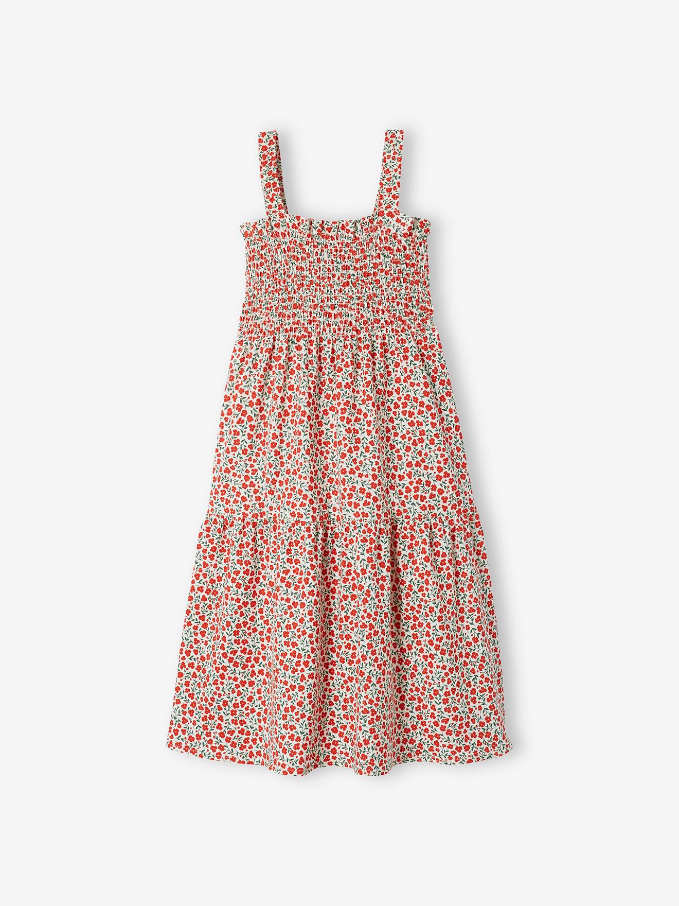 Robe smockée à bretelles motifs fleurs fille vert émeraude