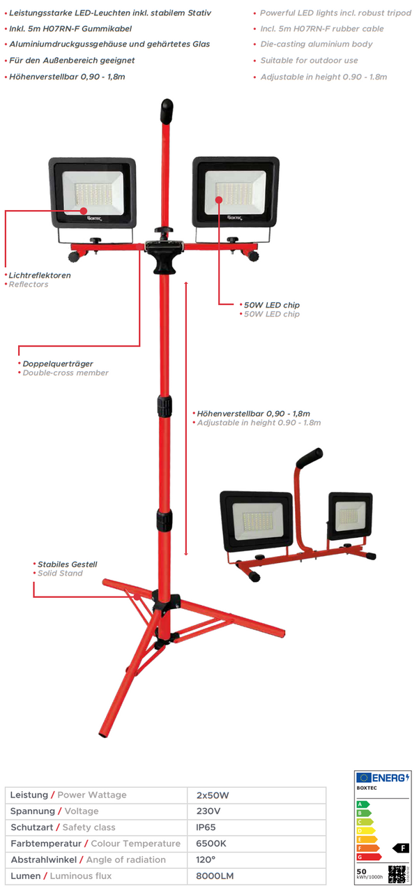 BOXTEC LED 100W (2x50W) Arbeitsleuchte, Baustrahler auf Teleskopstativ, abnehmbar, 5m Gummikabel