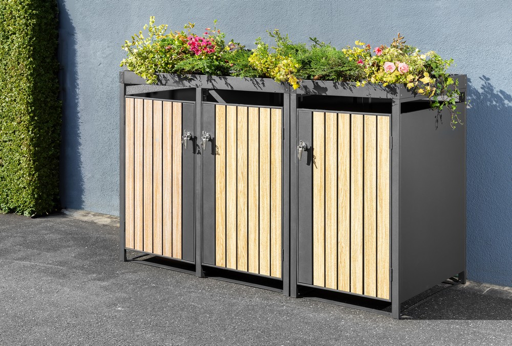 HC Garten & Freizeit 3er-Mülltonnenbox Mülltonnenverkleidung 2er mit Pflanzdach Mülltonnenbox Anthrazit