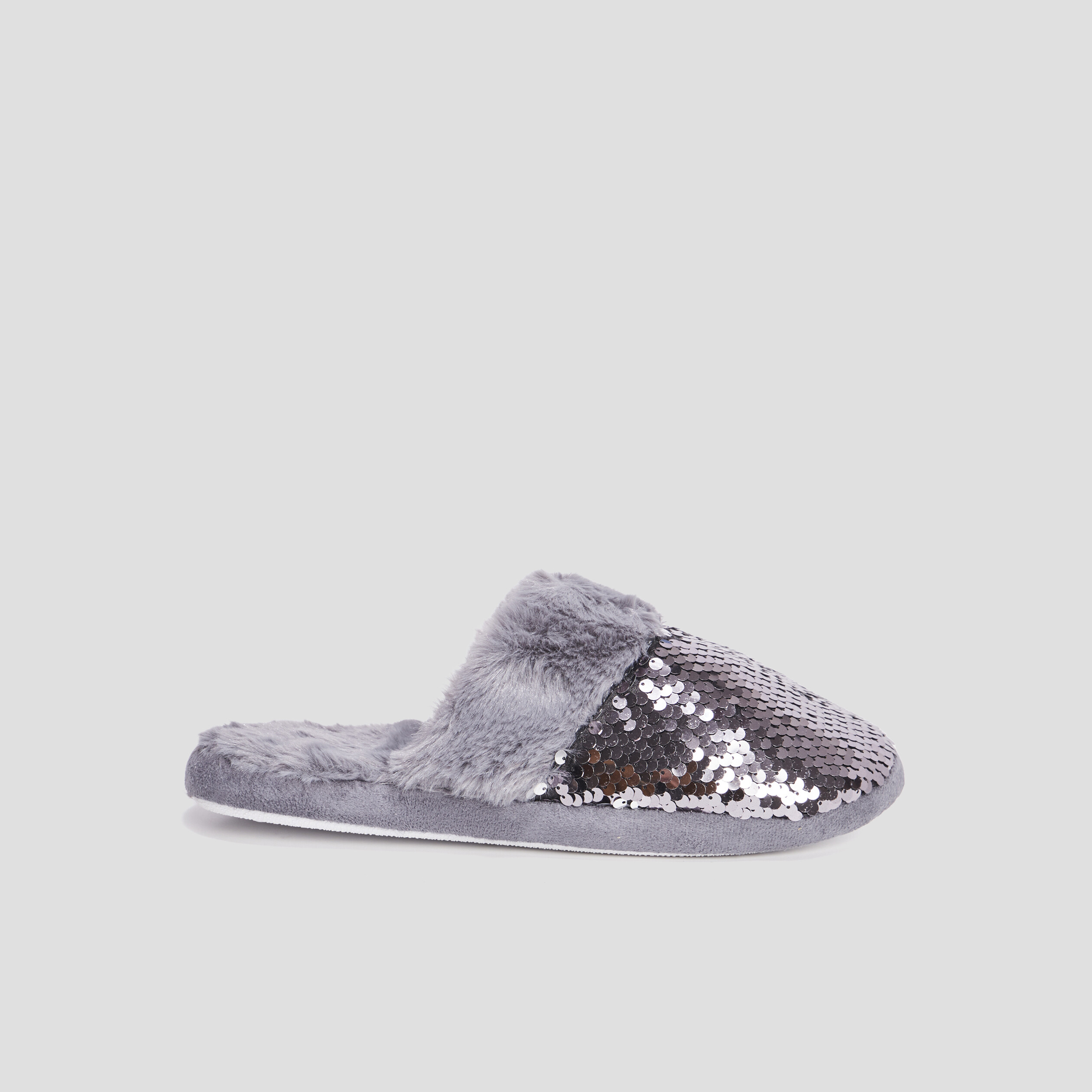 Chaussons mules sequins et fourrure gris femme | La Halle