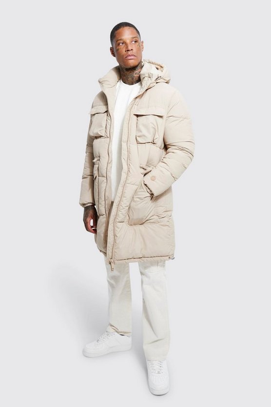 Langer gepolsterter Parka mit 3D-Tasche