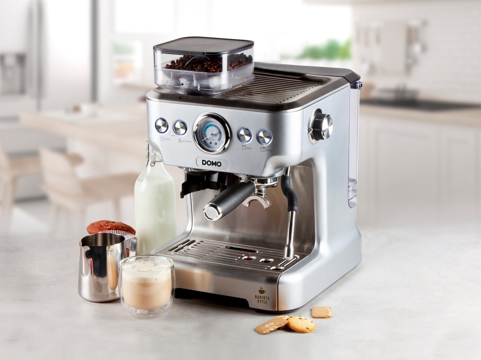 Domo Espressomaschine, Siebträgermaschine mit Mahlwerk Milchschäumer & abnehmbaren Wassertank