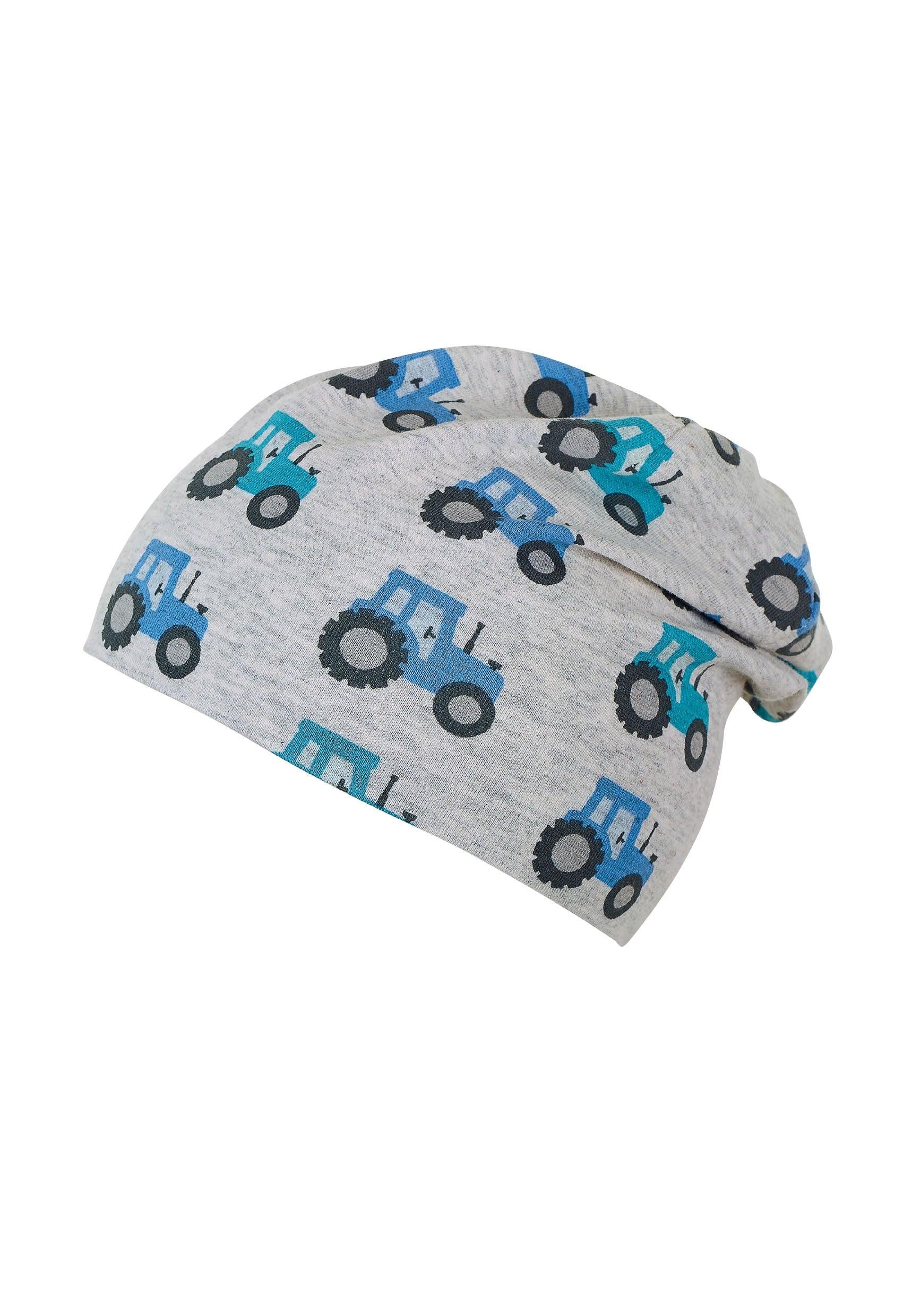 Slouch-Beanie in Silber bedruckt mit Traktoren