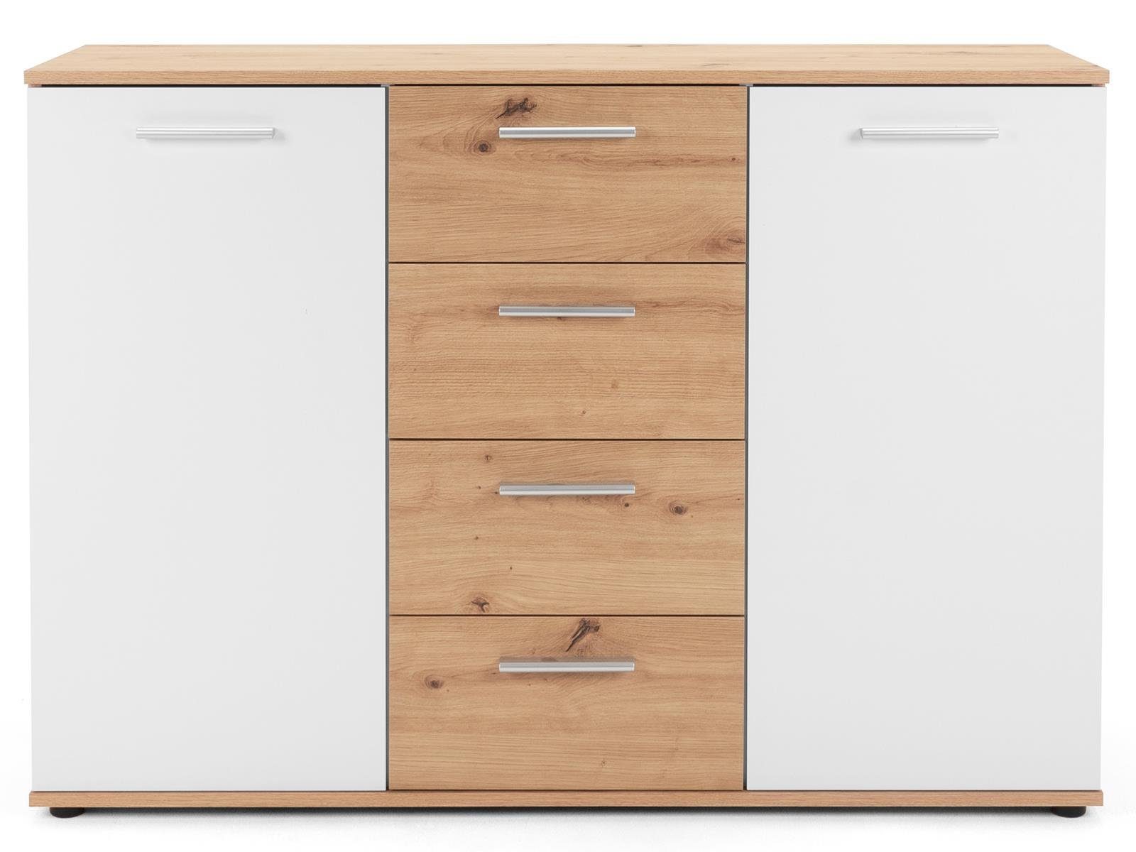 möbelando Sideboard Jacklin, Modernes Sideboard aus Spanplatte in Artisan Eiche Nachbildung /Weiß mit 4 Schubkästen und 2 Türen dahinter je 1 Boden. Breite 120 cm, Höhe 85 cm, Tiefe 35 cm