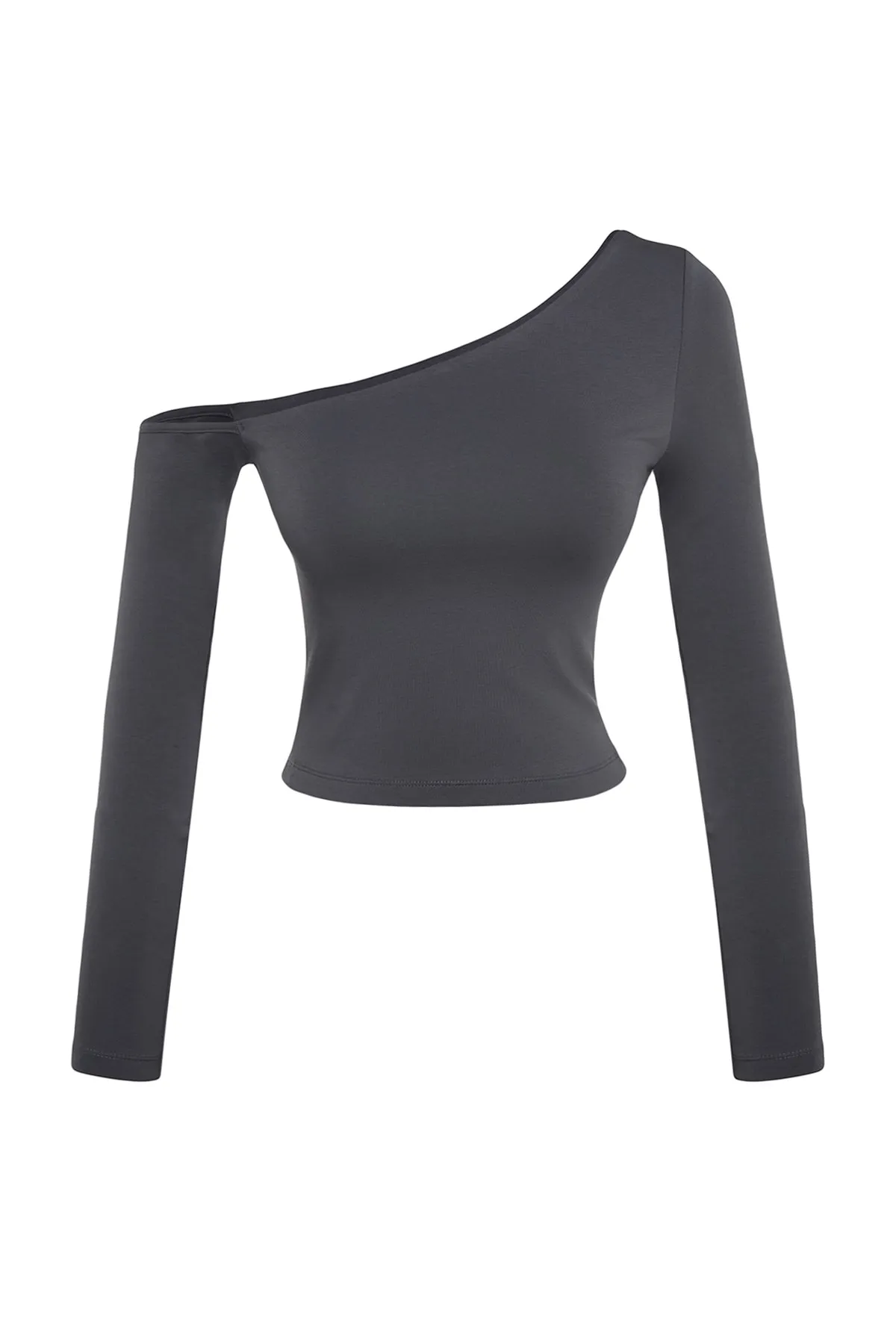 Trendyol Collection  Anthrazitfarbene One-Shoulder-Baumwollbluse mit dehnbarer Passform und kurzem Schnitt TWOAW24BZ00099