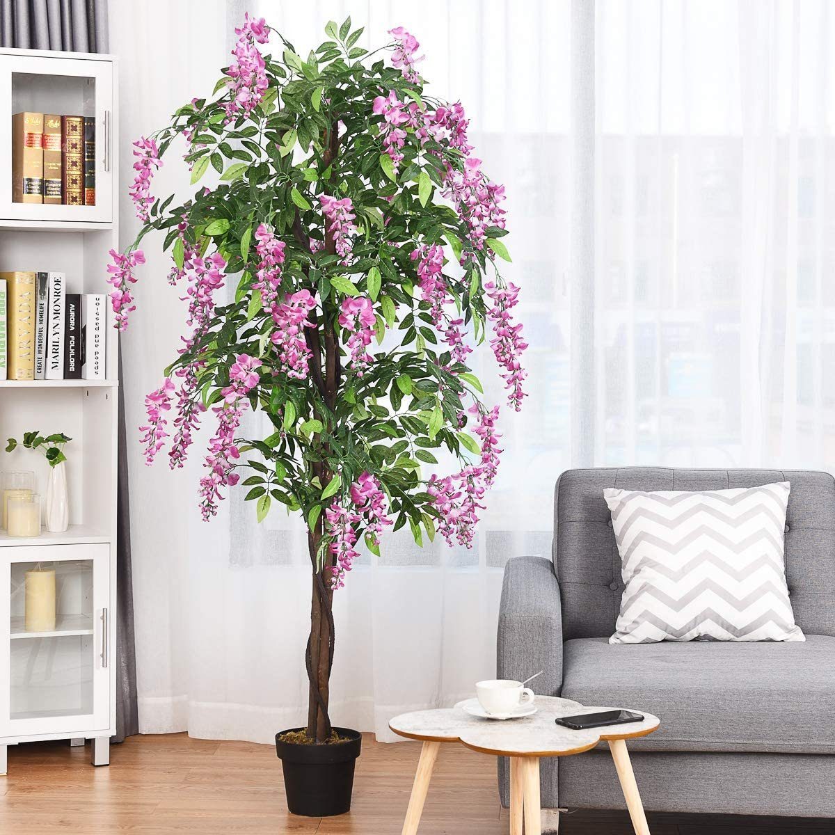 Kunstbaum, COSTWAY, Höhe 180 cm, mit Blüten und Töpf, Blättern & 2 Stämmen