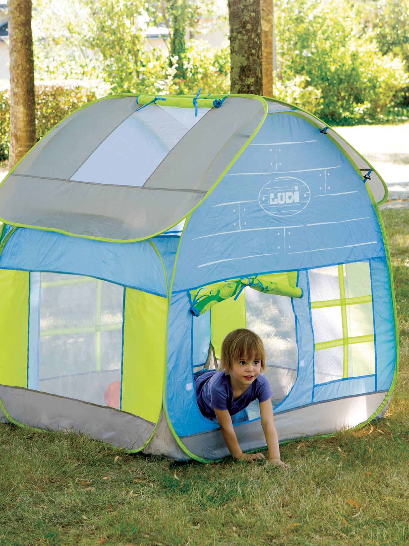 Ludi Kinder Spielzelt, Spielhaus COTTAGE mit UV-Schutz LUDI - blau/grün/grau
