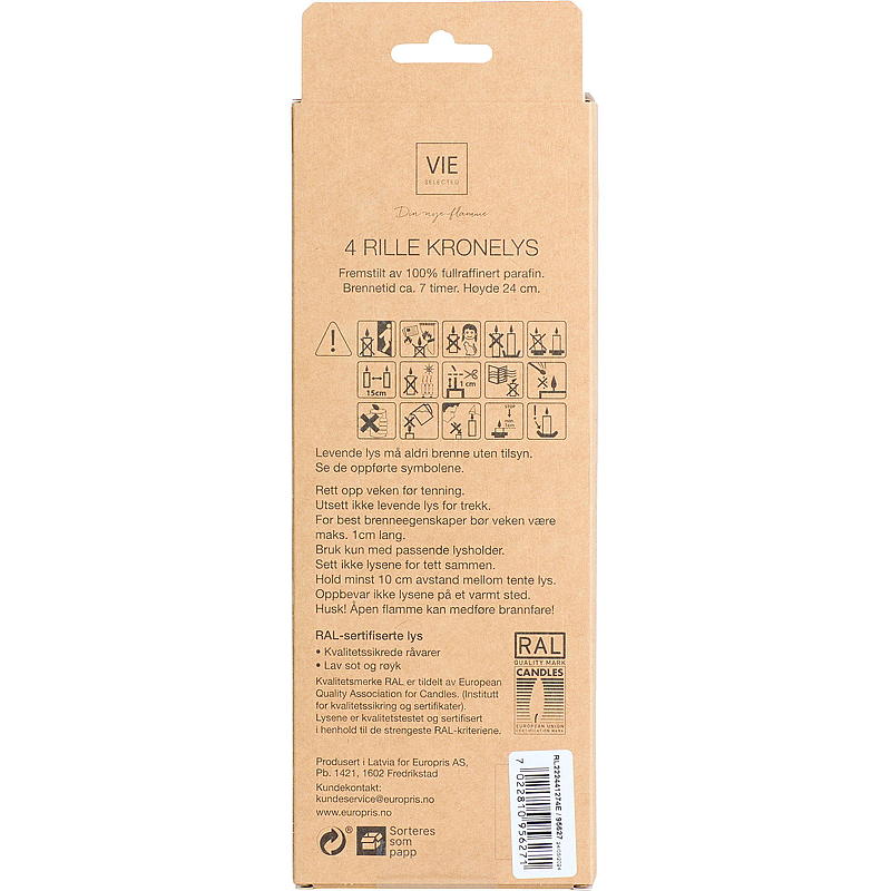 Vie Selected Kronelys 4-pk 24 cm rillet parafin grønn