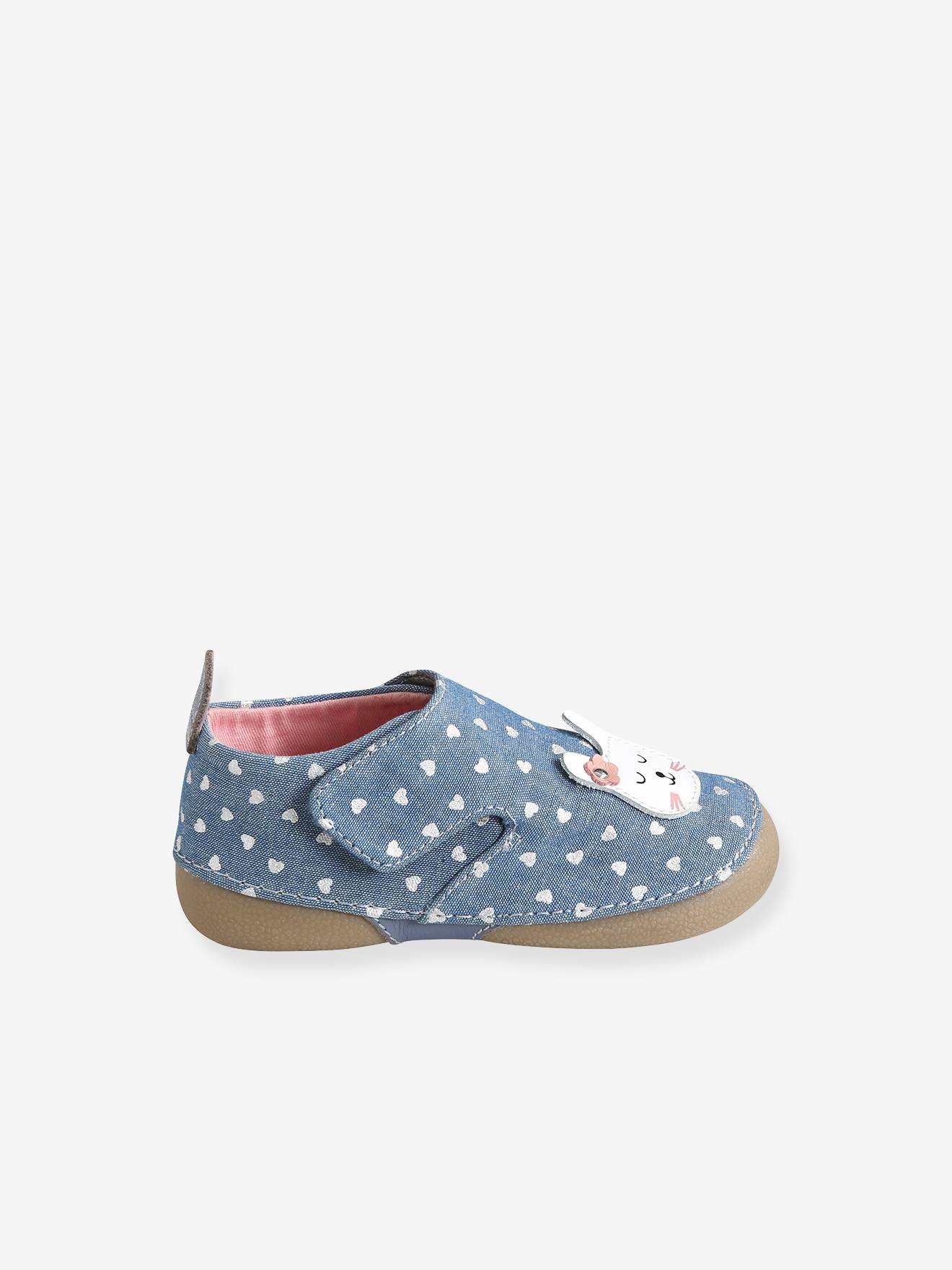 Vertbaudet Mädchen Baby Hausschuhe mit Klett, Chambray - blau