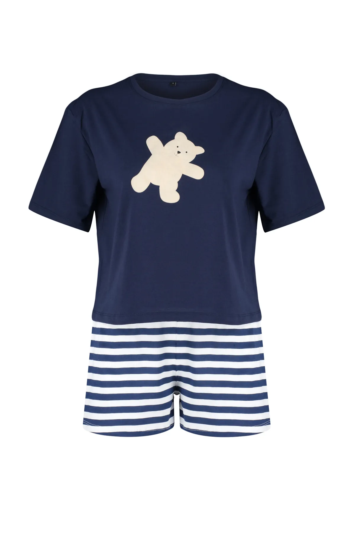 Trendyol Collection  Marineblaues Strick-Pyjama-Set aus 100 % Baumwolle mit Teddybär-Aufdruck THMSS24PT00039
