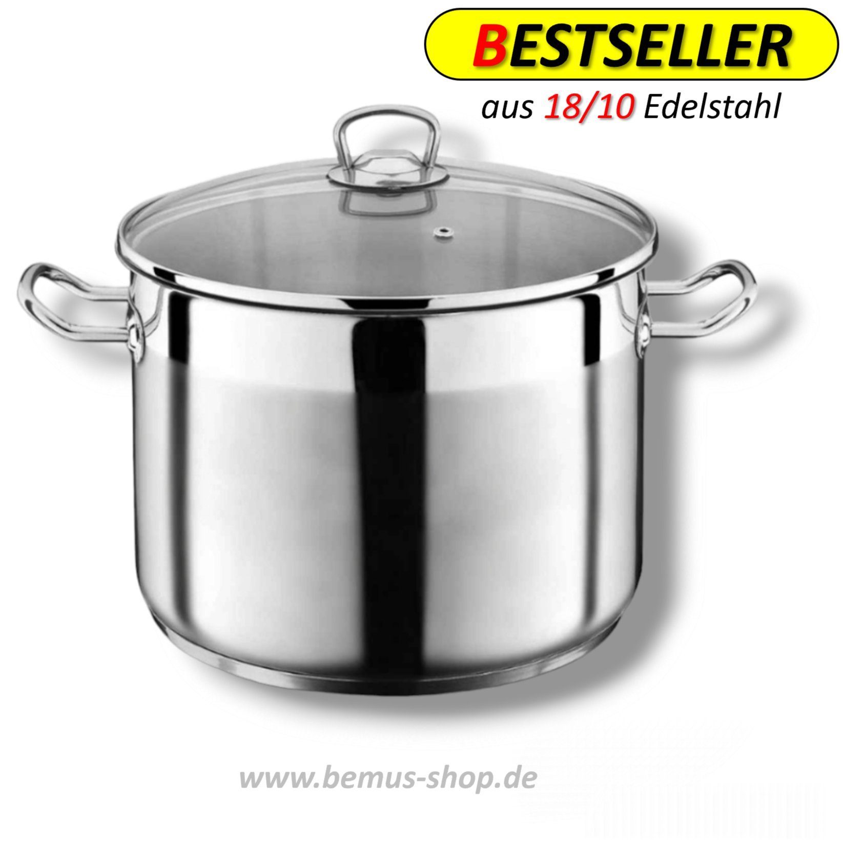 bemus Kochtopf BenVita Edelstahltopf, Allzwecktopf 10 Liter, 15 Liter & 20 Liter, Edelstahl 18/10 (Jumbotopf mit Glasdeckel, (Weihnachten, Geburtstag, Geschenk Idee), Kaltmetallgriffe, Induktionsgeeignet