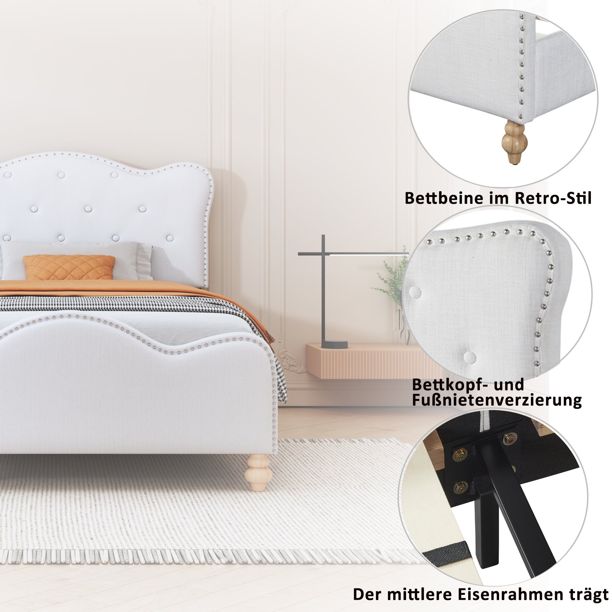 Flieks Polsterbett, Leinen Kinderbett Einzelbett 90x200cm geschwungene Kopf- und Fußteil