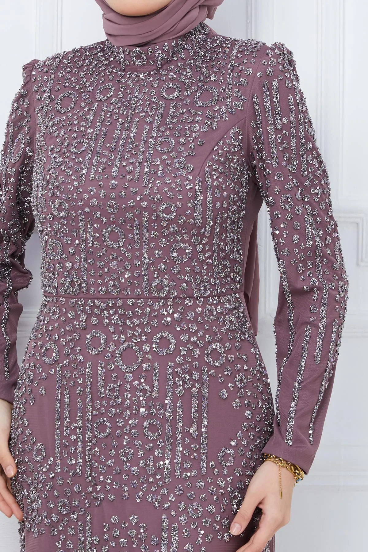 Olcay  Perlen- und juwelenbesetztes Hijab-Abendkleid aus Tüll DRY ROSE 1663