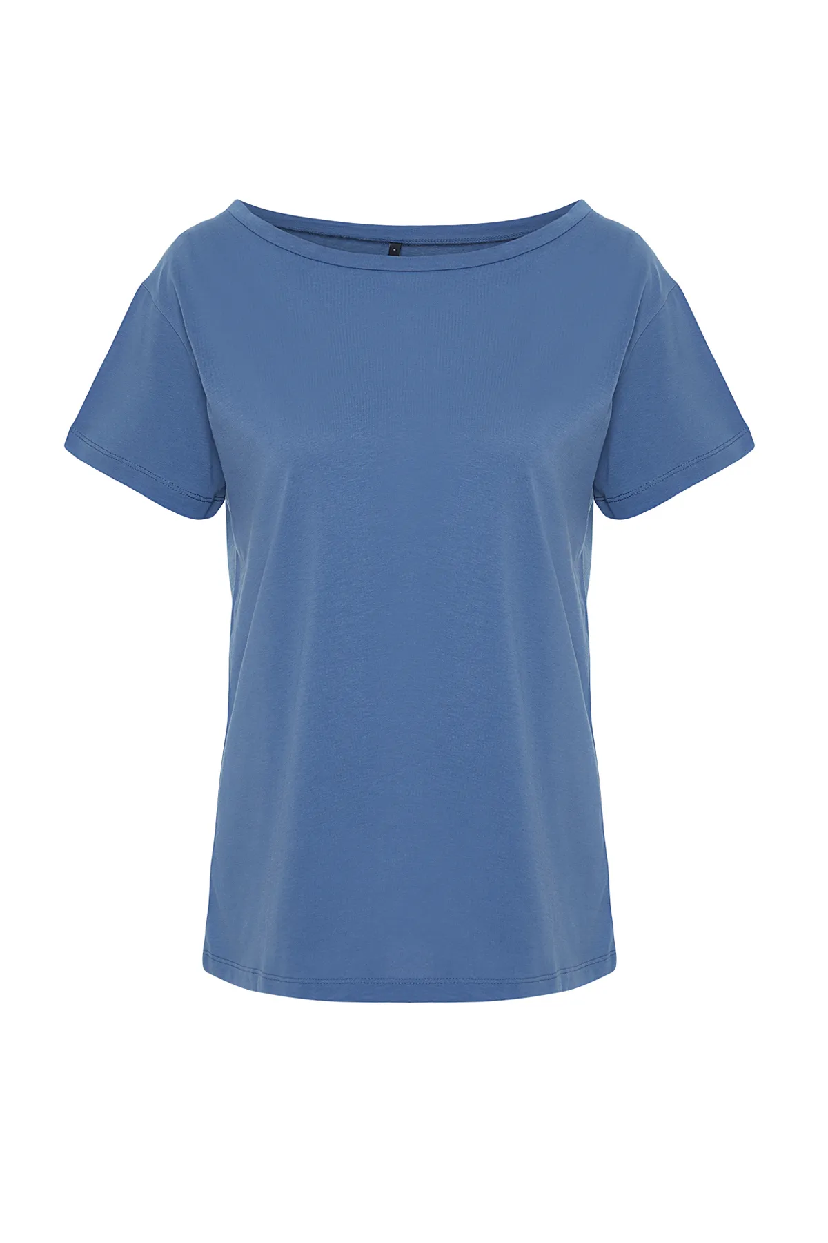 Trendyol Collection  Indigoblaues Strick-T-Shirt im Boyfriend-Stil mit U-Boot-Ausschnitt, 100 % Baumwolle TWOSS20TS0140
