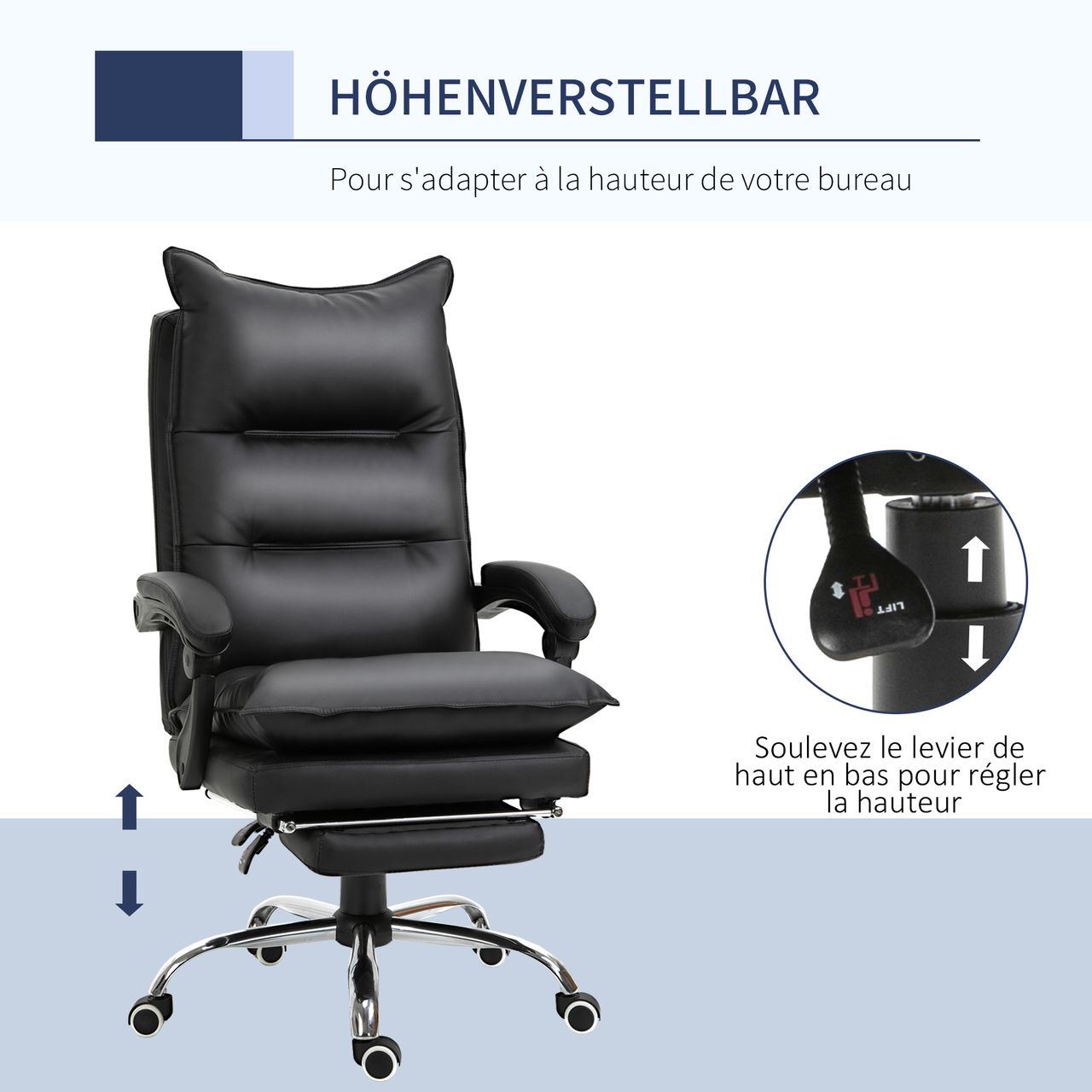 Vinsetto Bürostuhl mit Fußstütze höhenverstellbarer Schreibtischstuhl Drehstuhl Rückenlehne Kunstleder Schwarz 66 x 72 x 122-130 cm