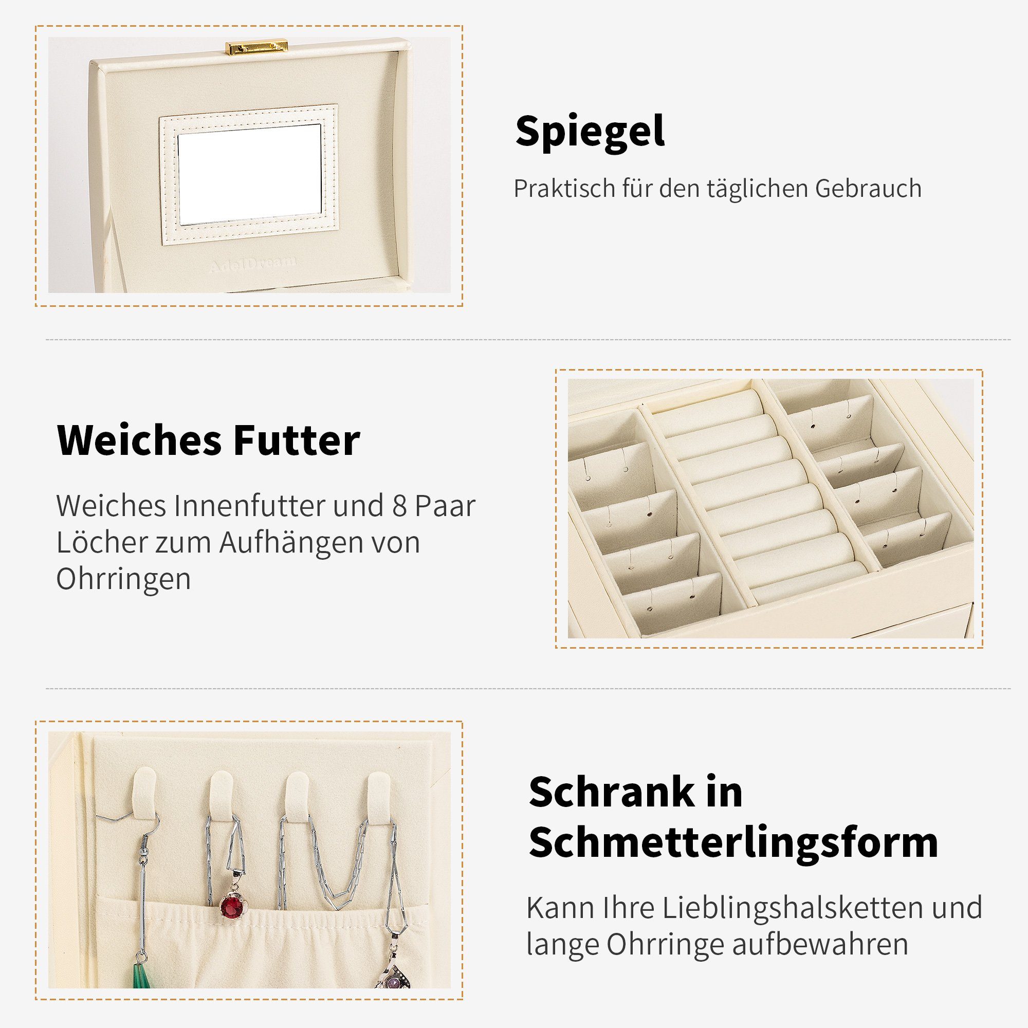 AdelDream Schmuckkasten YY-J05, 3 Ebenen, 2 Schubladen, 3 Farben, mit Spiegel, viel Stauraum