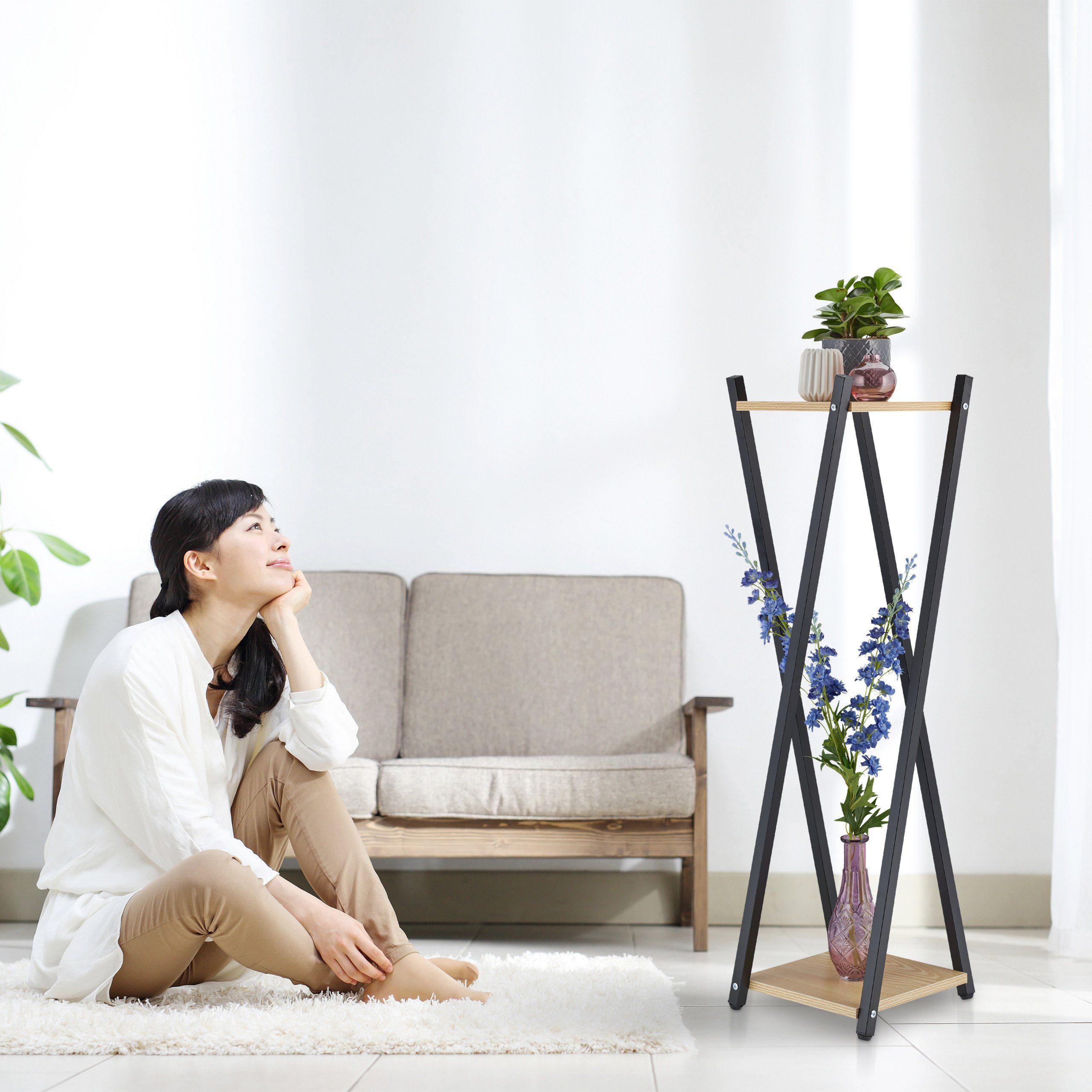 relaxdays Blumenhocker XL Blumenständer mit 2 Ebenen, Dunkelbraun