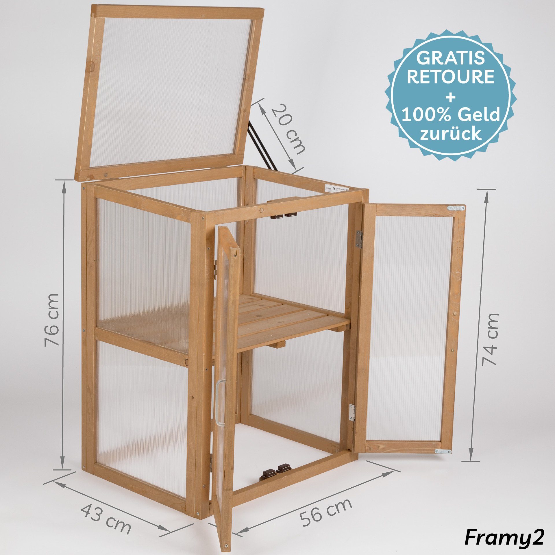 needs&wants® Gewächshaus Mini Treibhaus klein winterfest aus Holz für Balkon Garten Zimmer Indoor, Frühbeet Hochbeet Anzucht Aufzucht von Pflanzen Pflanzschrank Anzuchthaus, 56x43x76 cm, Polycarbonat, braun