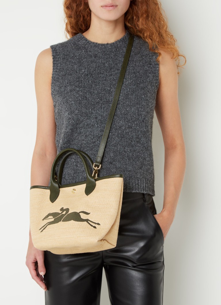 Geantă Longchamp Le Panier Pliage, mărimea S, realizată din pânză cu detalii din piele.