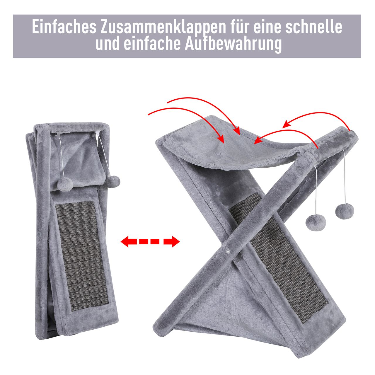 PawHut Katzenturm Kratzbaum Katzenbaum mit Höhle und Hängematte Sisal Plüsch Spanplatte Grau 54,5 x 32 x 65 cm