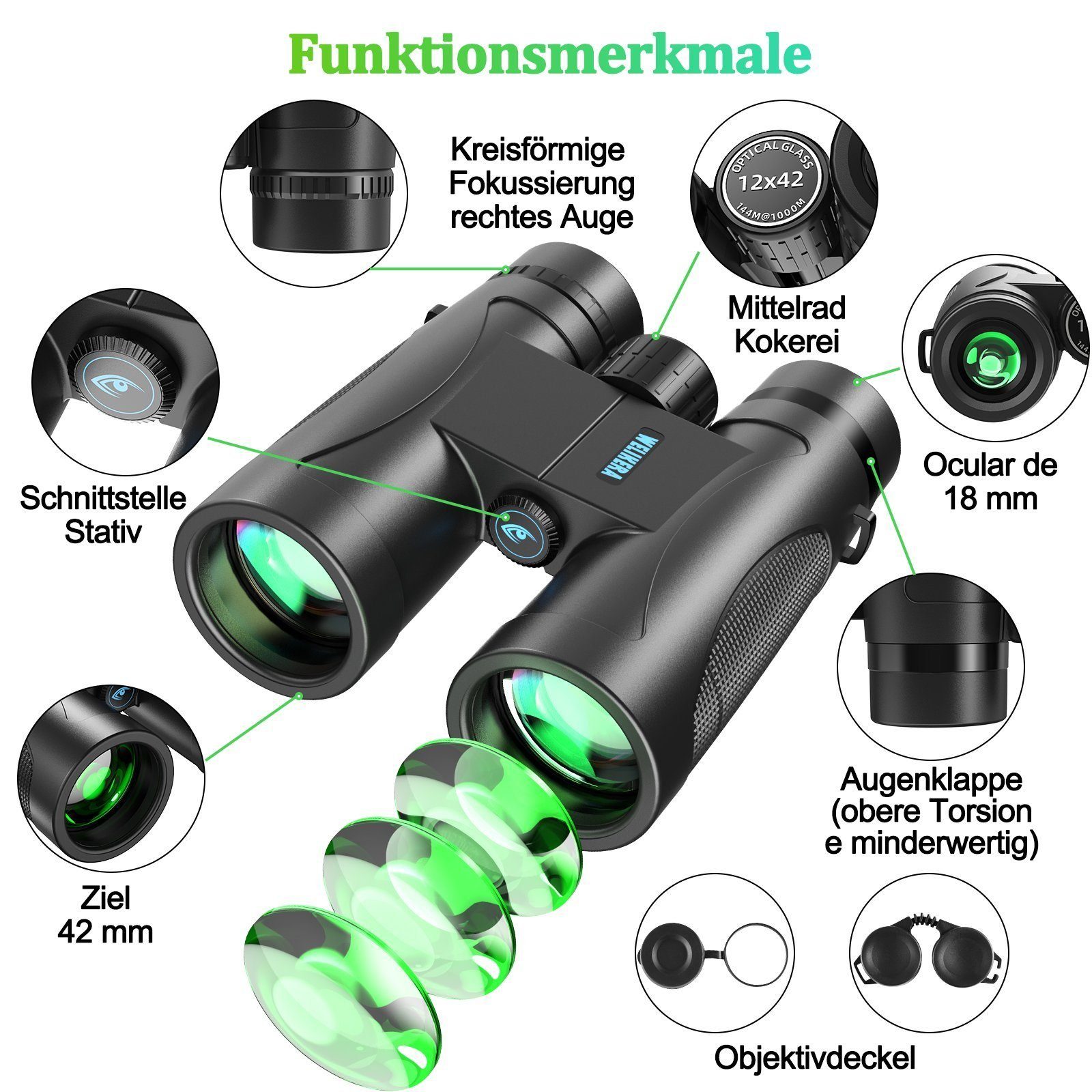 DOPWii 12x42 HD Ferngläser,Kompakte Fernglas Okular-Ferngla Fernglas
