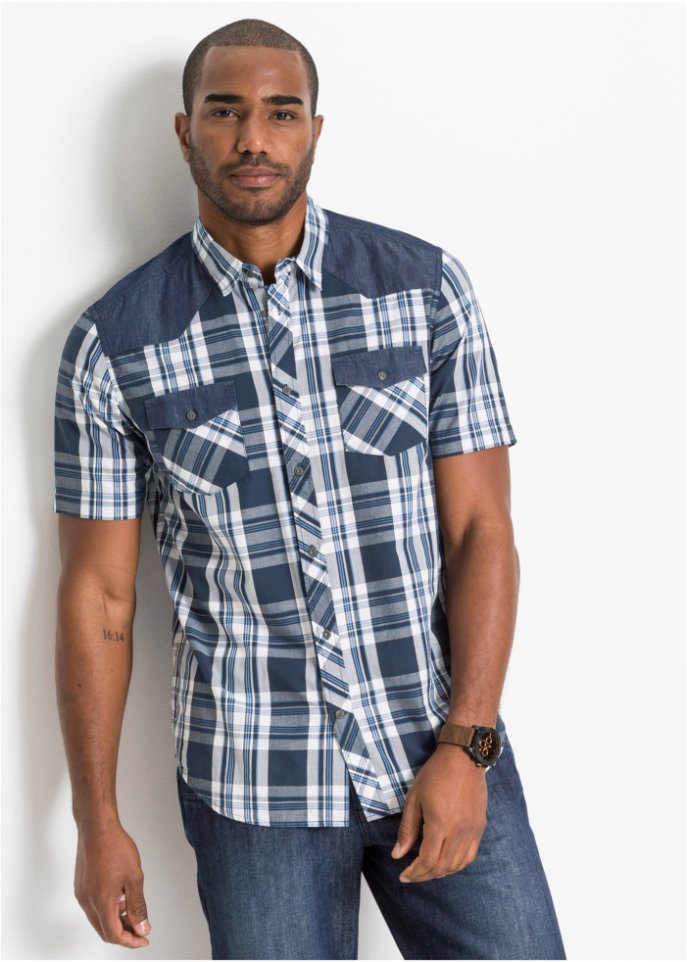 Kurzarmhemd mit Denim-Besatz