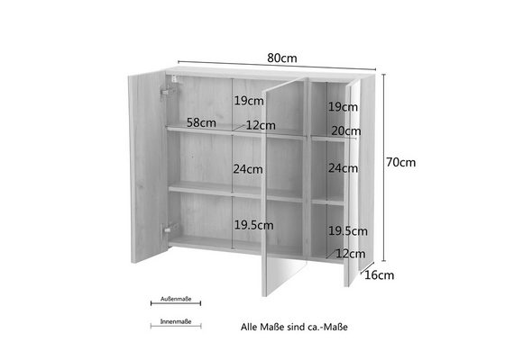 andas Spiegelschrank Lund Bad Spiegel WC Wandspiegel Badezimmerspiegel ohne LED Badschrank Badezimmerspiegelschrank Spiegel Breite 80cm mit 3 Türen