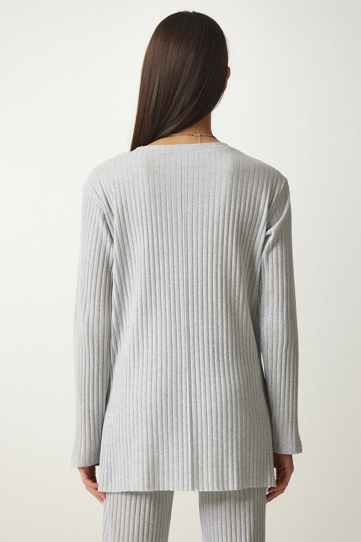 Happiness İstanbul  Graues Cord-Strickblusen- und Hosen-Set für Damen OW00008