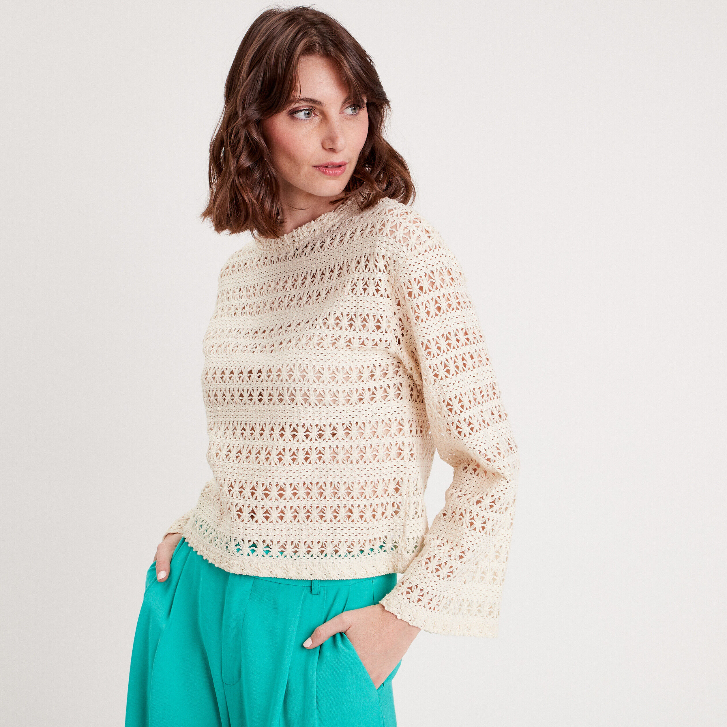 T-shirt crochet manches pagode ecru femme | Cache Cache